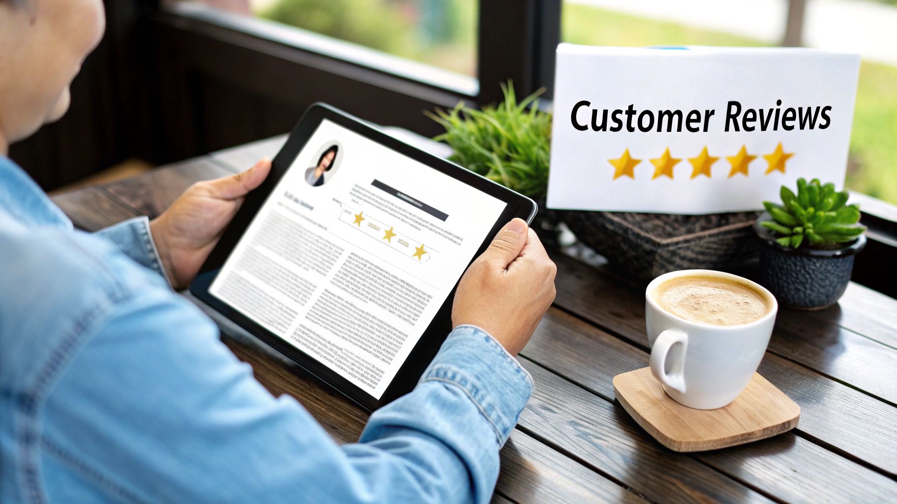 A person reads customer reviews on a tablet next to a sign, coffee, and plants.