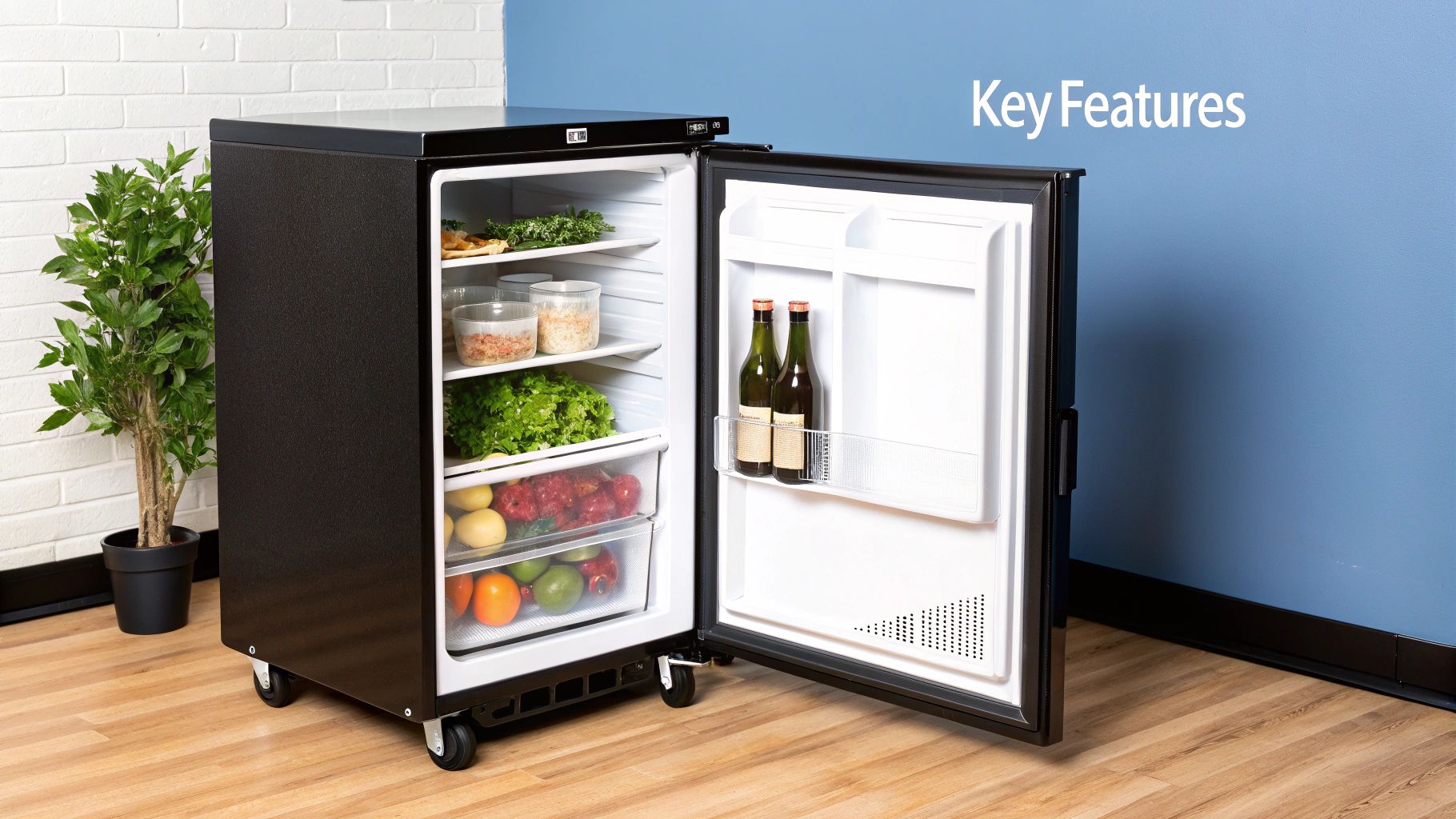 Open black under-counter refrigerator on wheels, stocked with fresh produce, containers, and bottled drinks.
