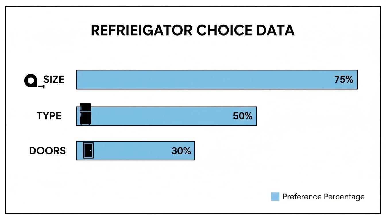 Horizontal bar chart displaying refrigerator choice data: size 75%, type 50%, and doors 30%.