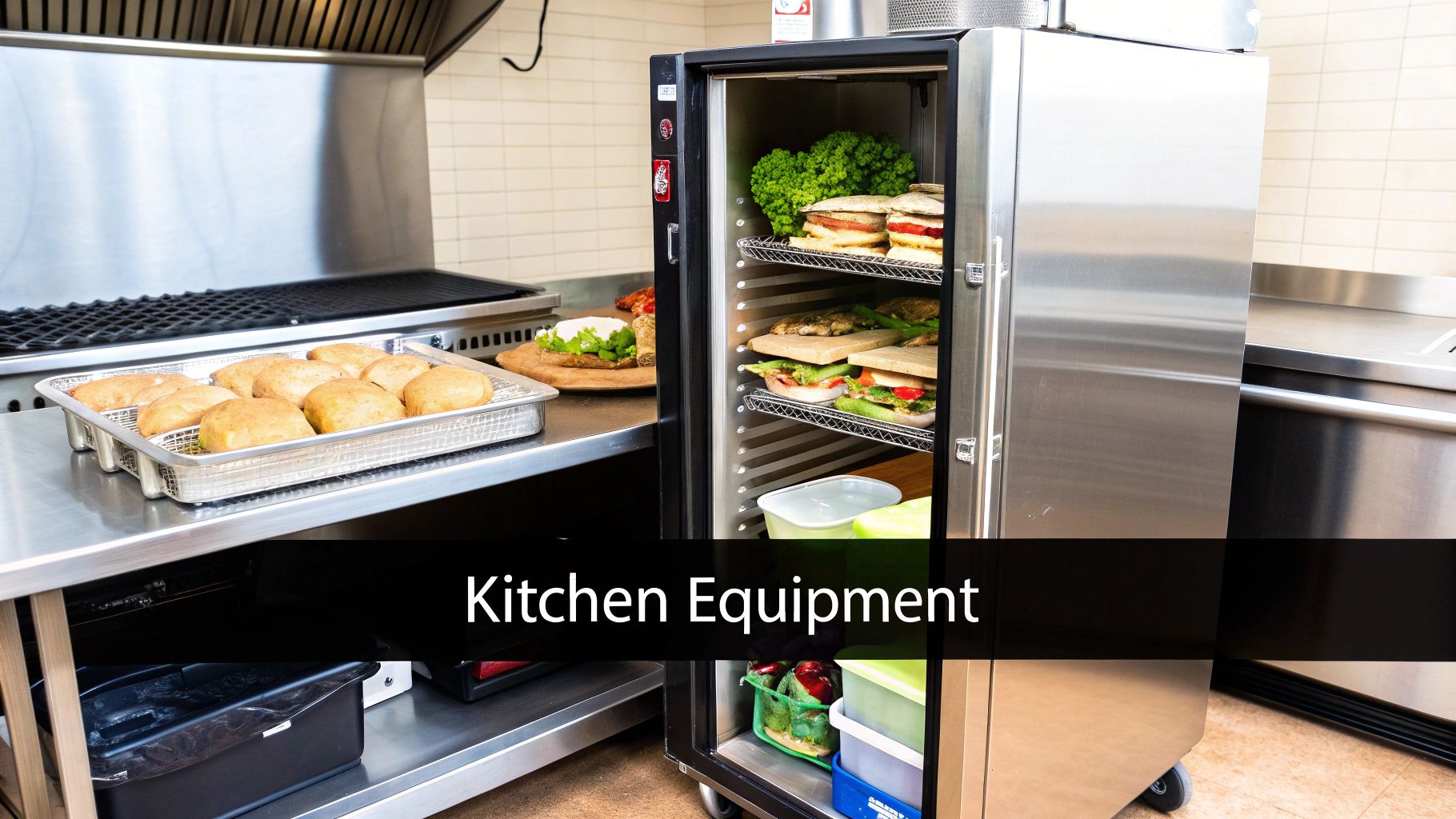 A commercial kitchen with a food warmer displaying sandwiches, a large grill, and a tray of bread rolls.