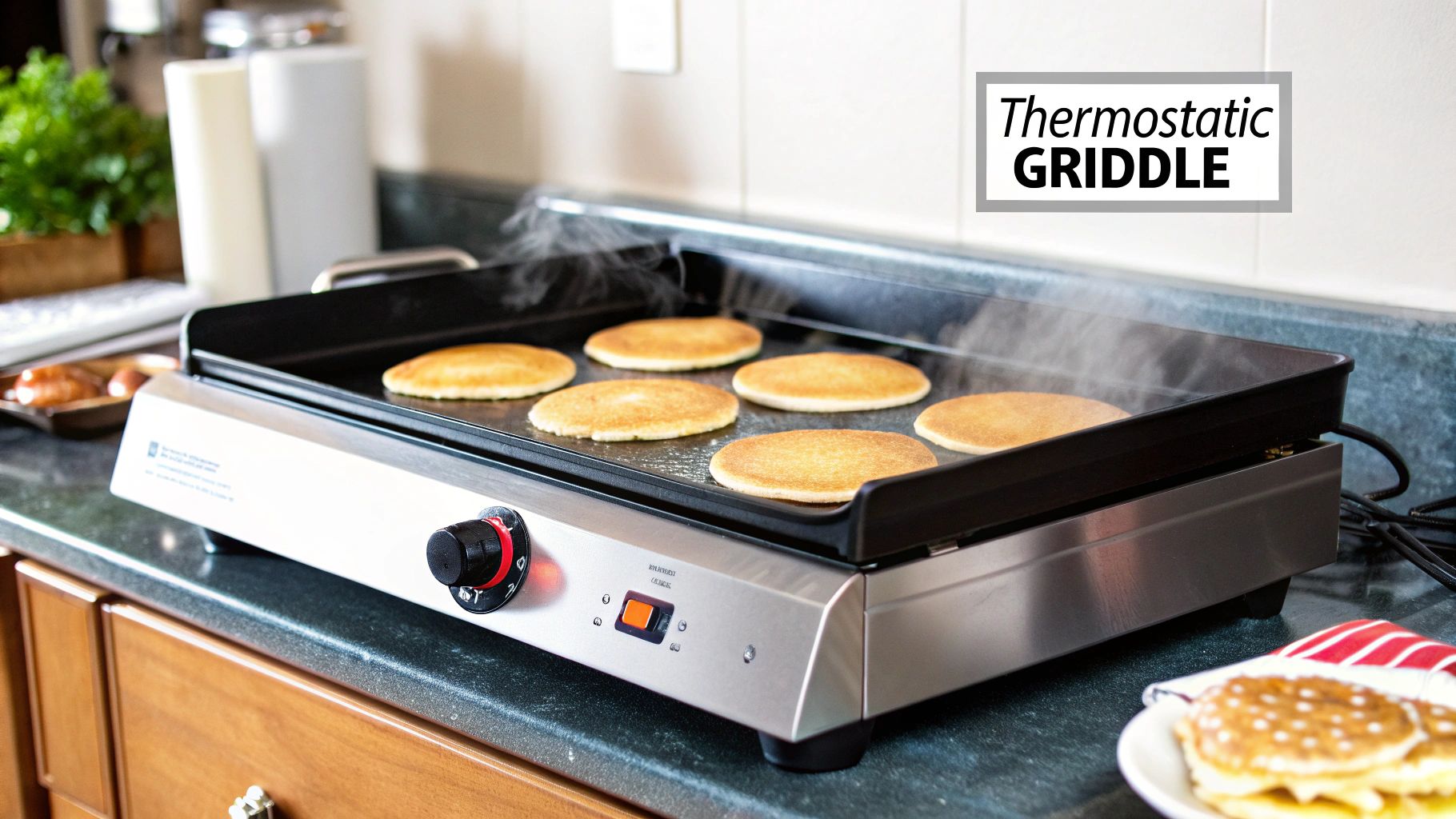 A chef using a large, multi-zone thermostatic gas griddle in a busy commercial kitchen.