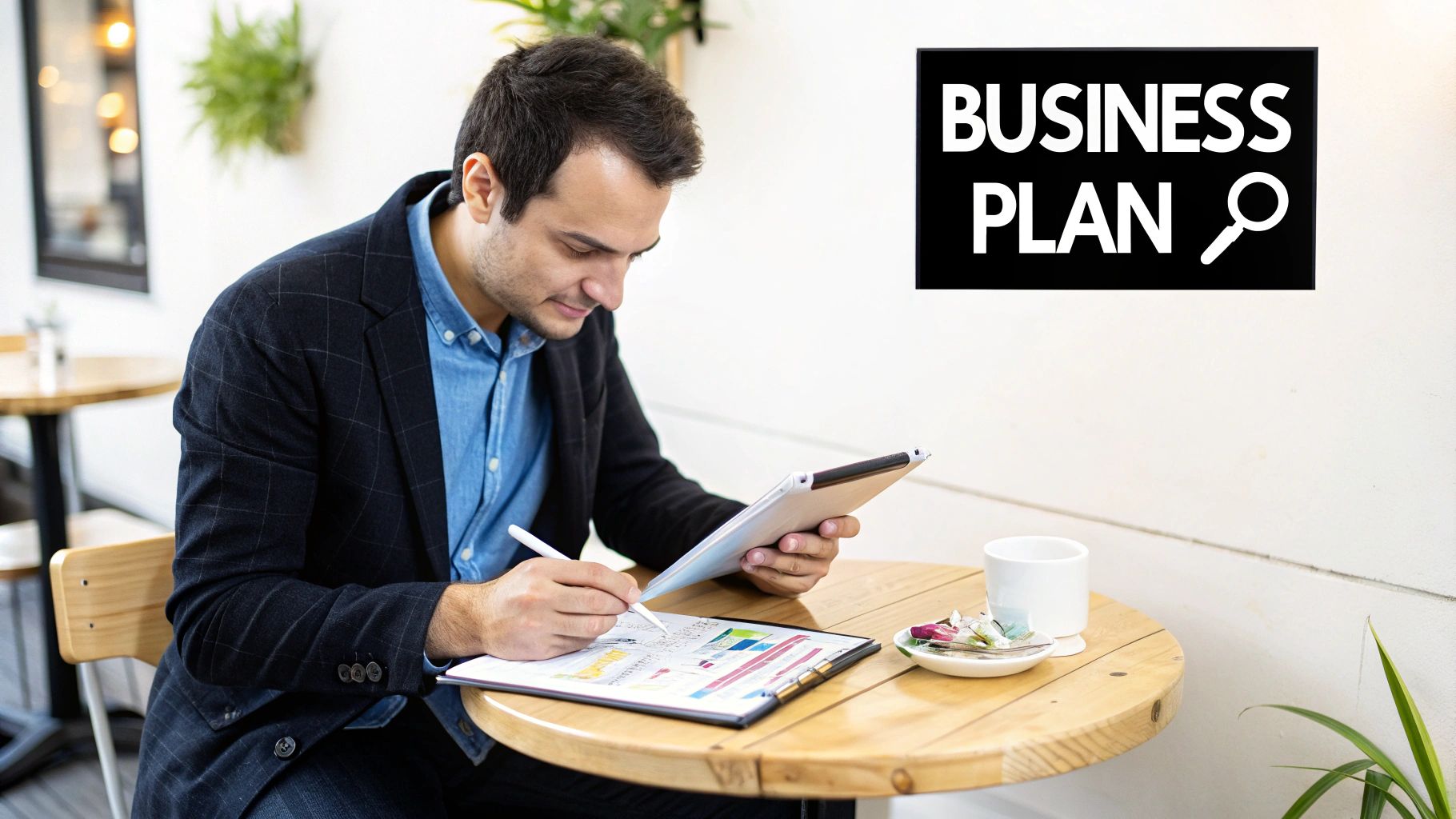 A man in a cafe intently working on a business plan, using a tablet and stylus.
