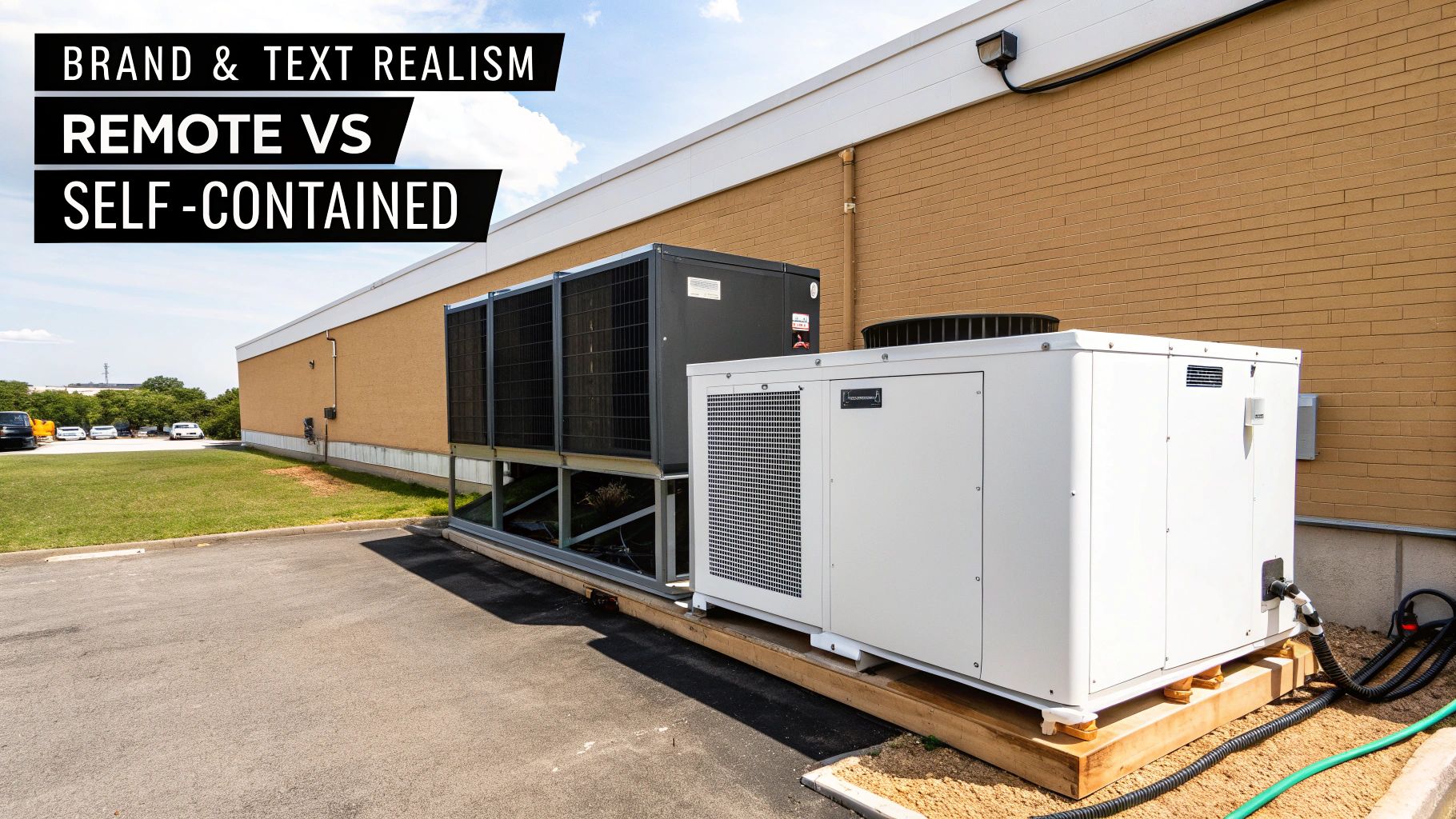Two outdoor HVAC condensing units, illustrating remote versus self-contained systems near a building.