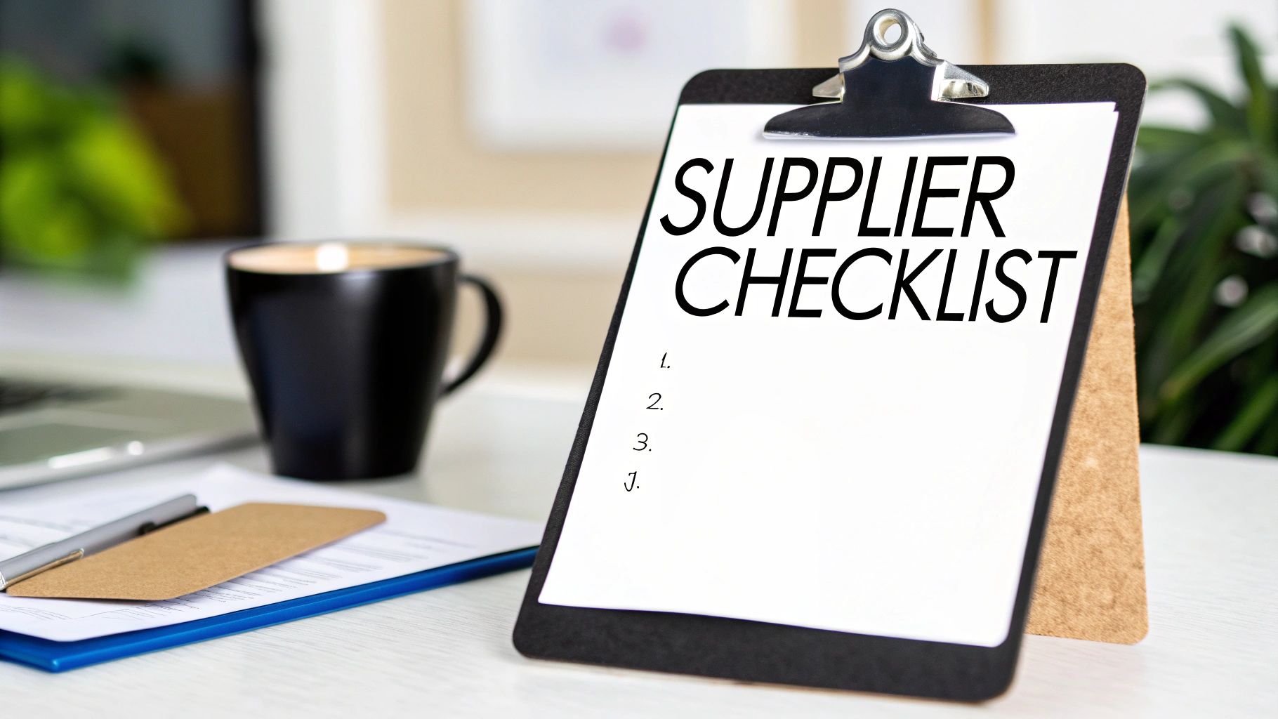 A clipboard with a 'SUPPLIER CHECKLIST' document, next to a black coffee mug and pen.