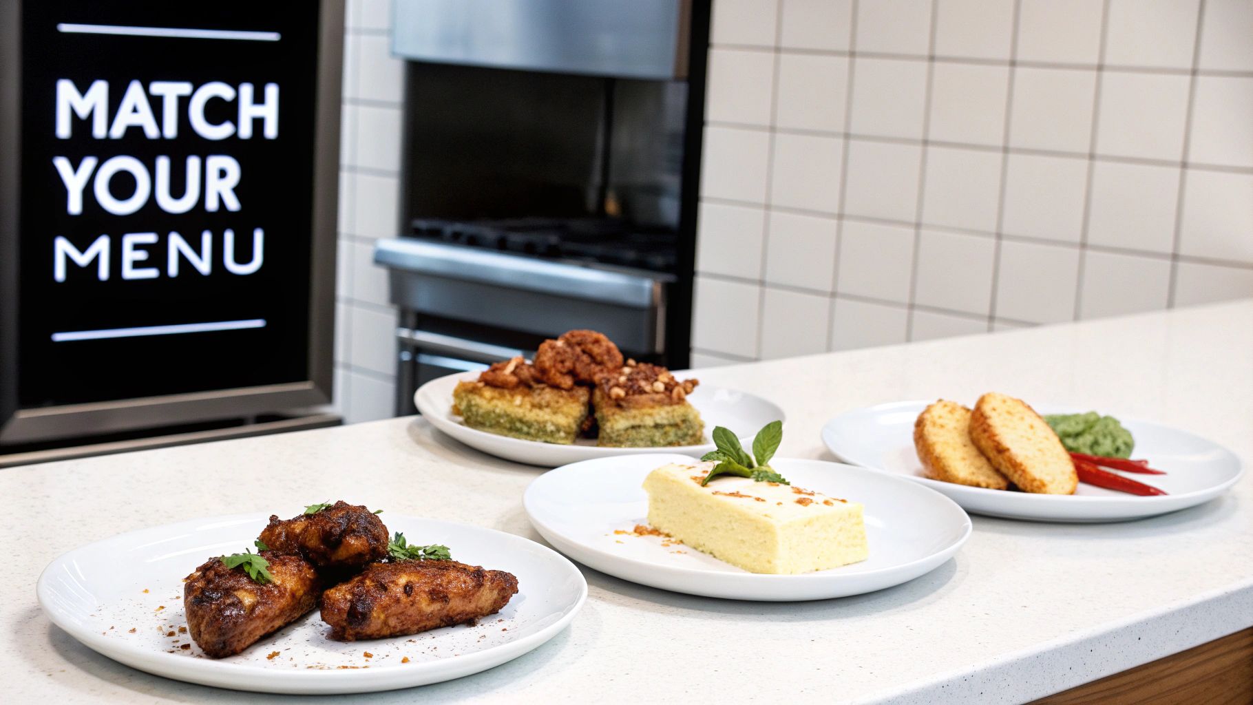 Various prepared dishes including chicken wings, baklava, cheesecake, and hash browns on a modern kitchen counter.