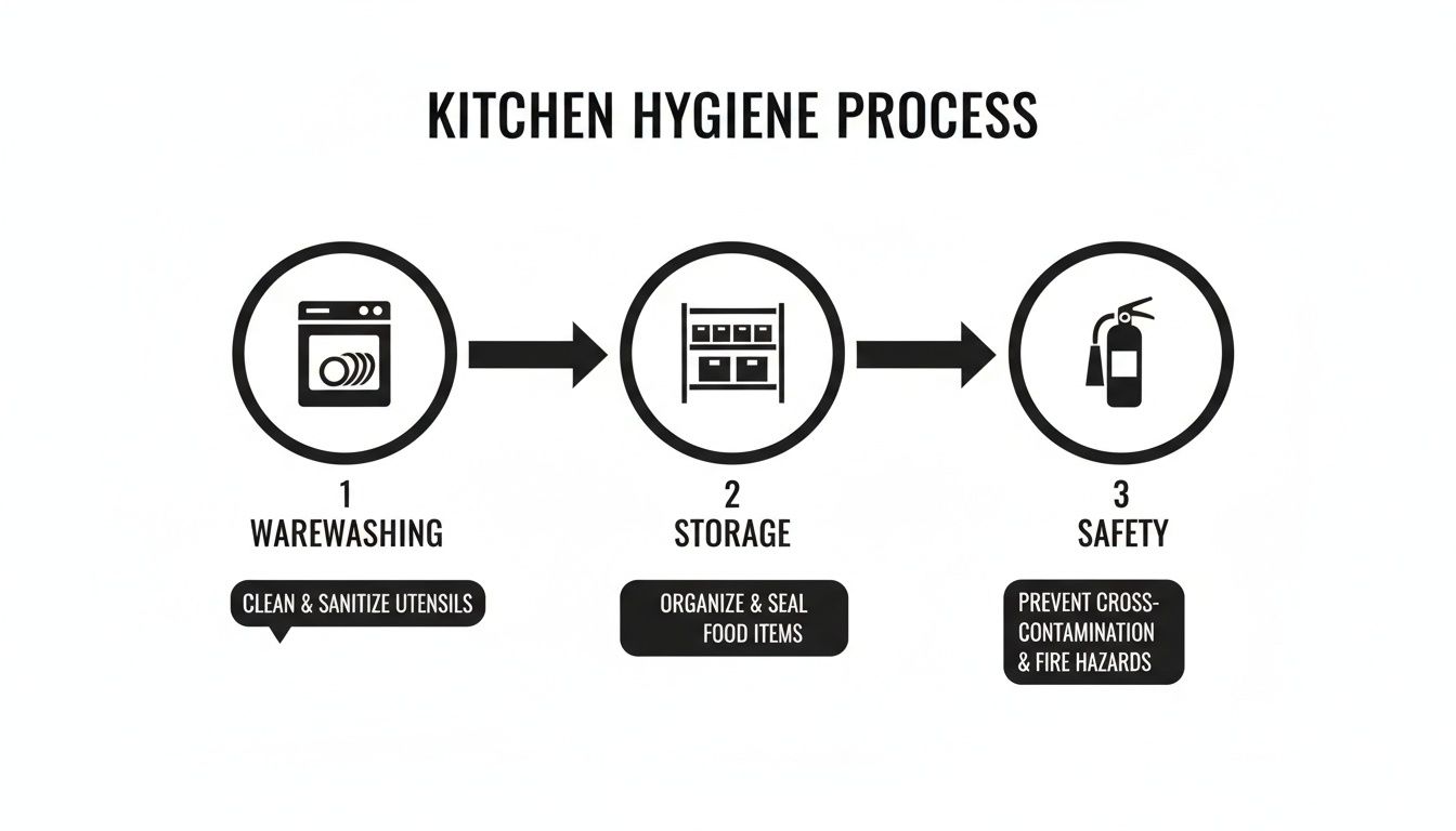 Infographic illustrating the kitchen hygiene process: warewashing, storage, and safety steps with icons.