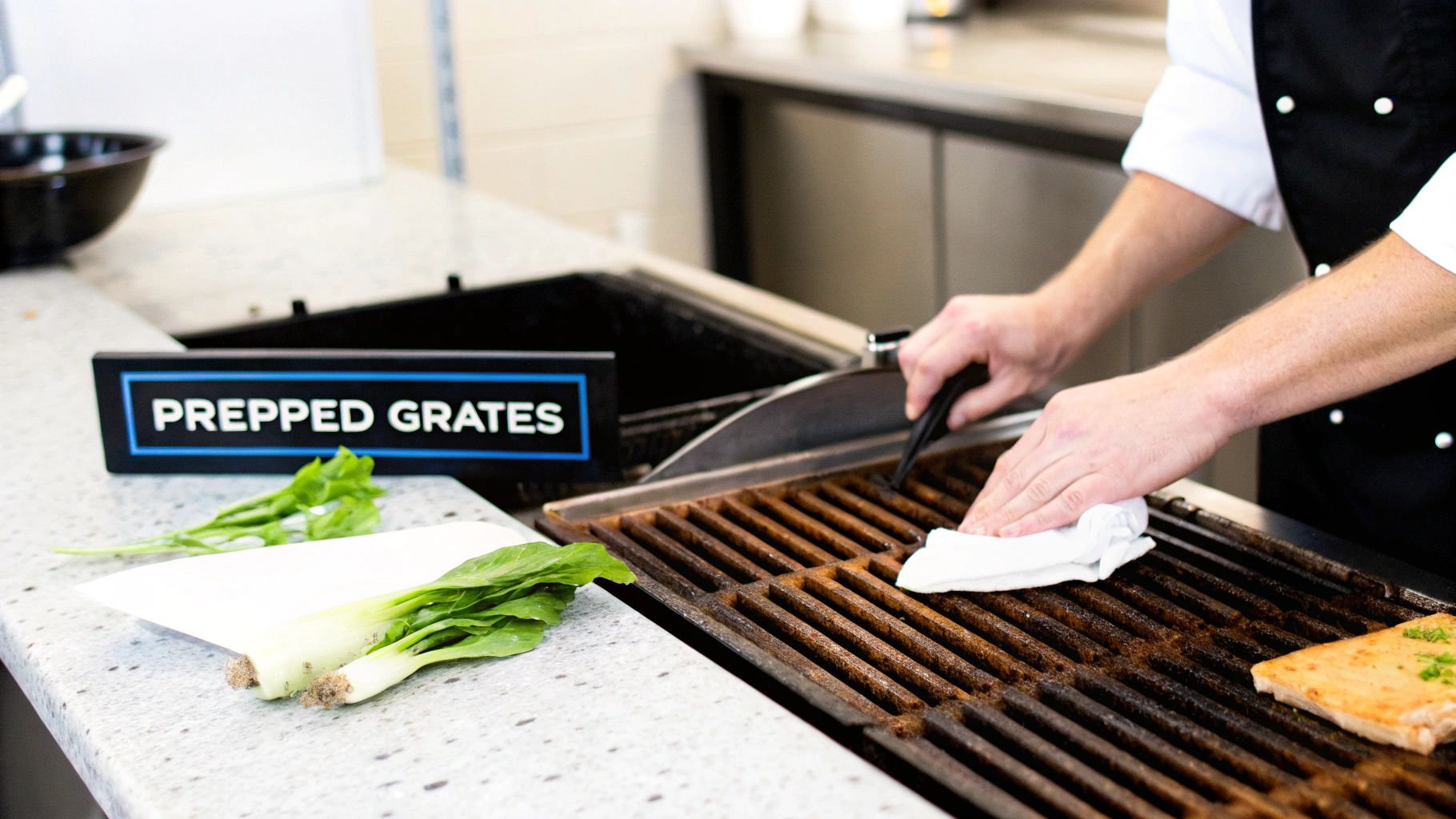 A chef seasons a cast iron grill grate with a white cloth, a 'PREPPED GRATES' sign nearby.