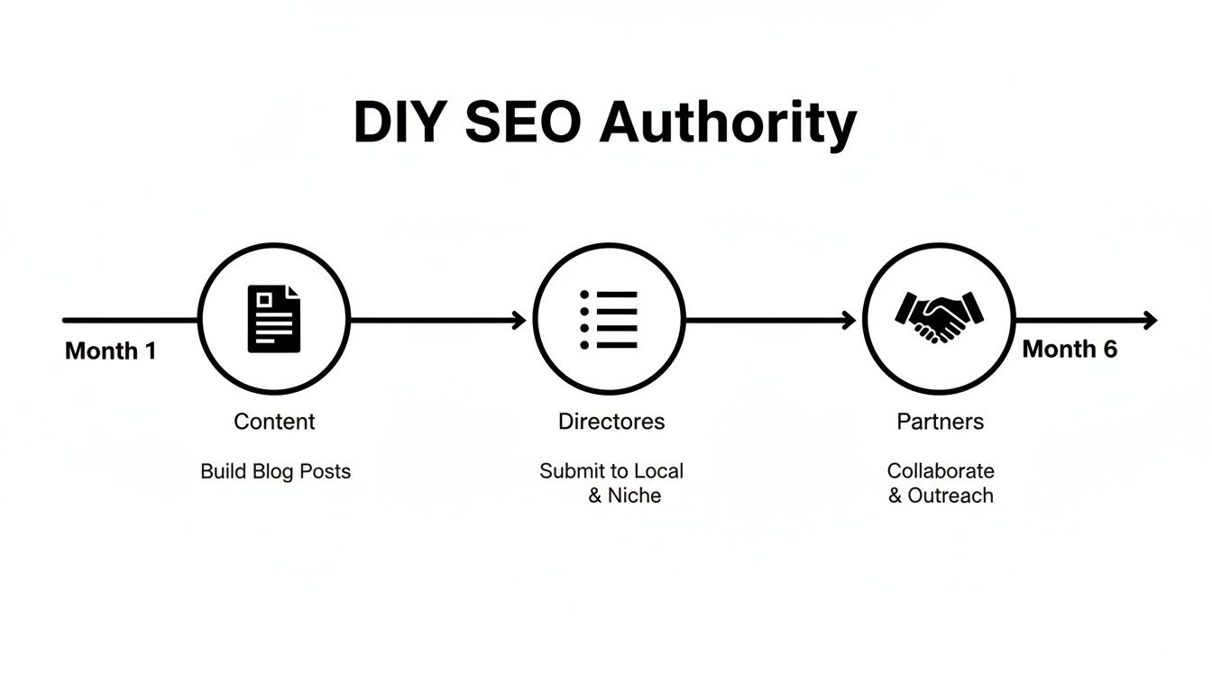 A six-month timeline illustrating a DIY SEO authority strategy with content, directories, and partnerships.