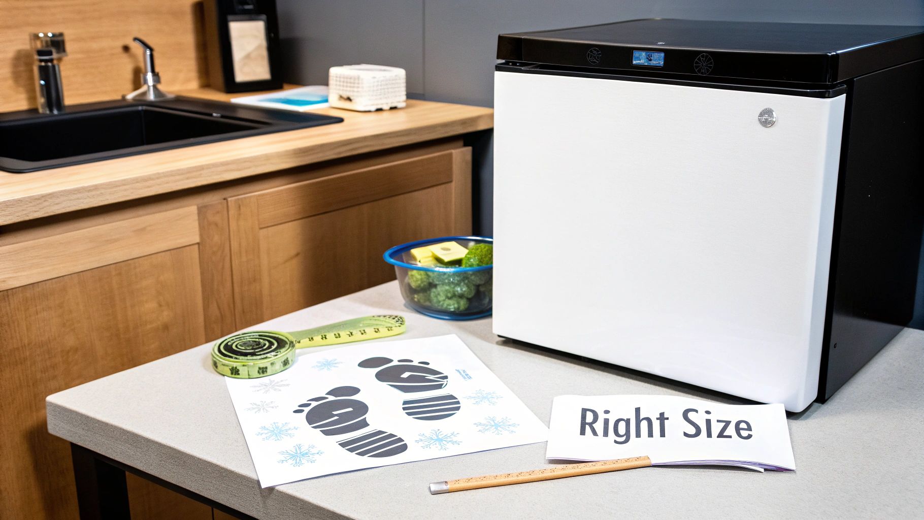 A compact white refrigerator on a kitchen counter, next to a sink, with “Right Size” label and measuring tools.