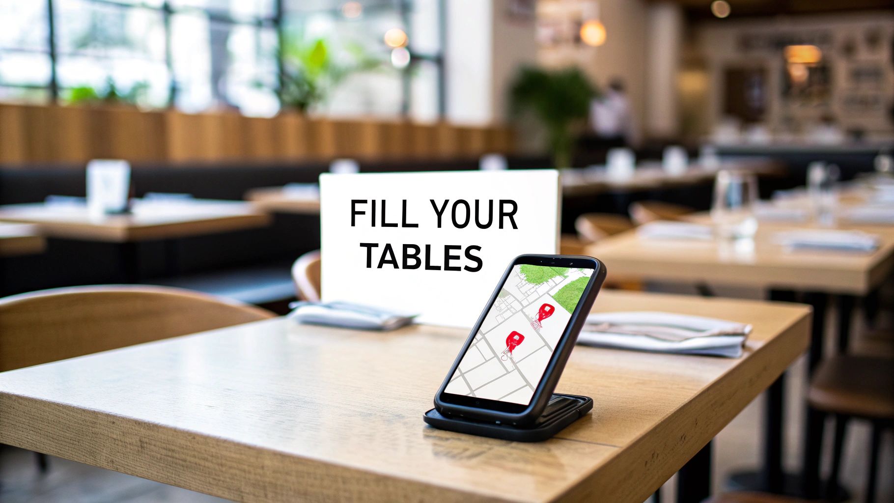 Smartphone displaying a map with pins on a restaurant table, next to a 'FILL YOUR TABLES' sign.