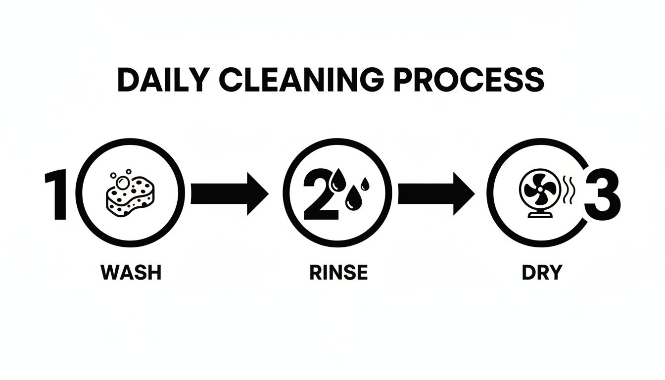 A visual guide illustrating the daily cleaning process: wash, rinse, and dry steps.