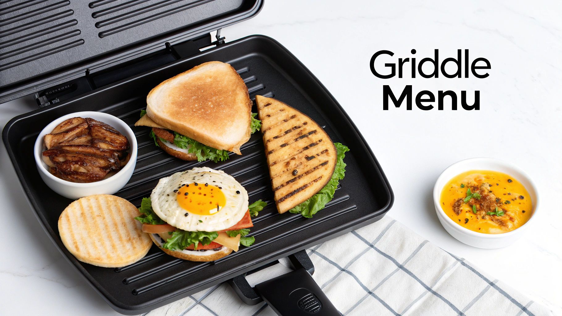 Menu items like burgers and pancakes being prepared on a commercial griddle