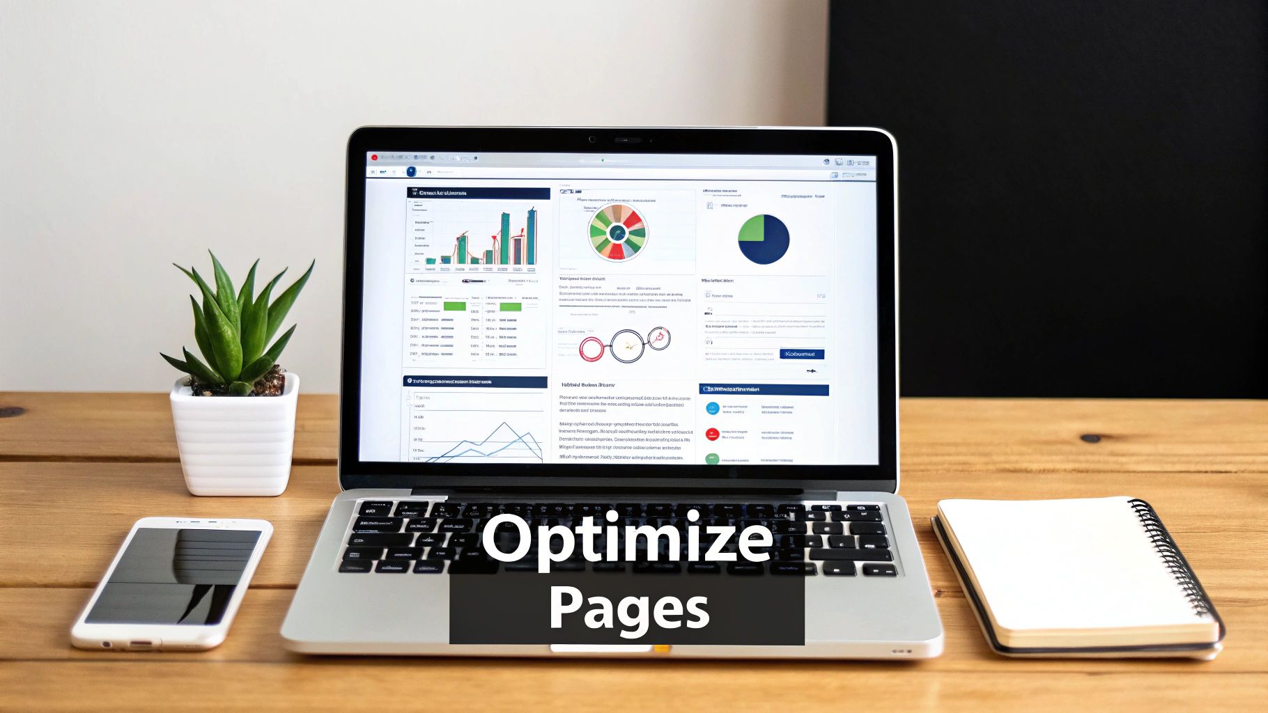 Laptop displaying charts and graphs for website optimization, with a smartphone, plant, and notebook on a desk.