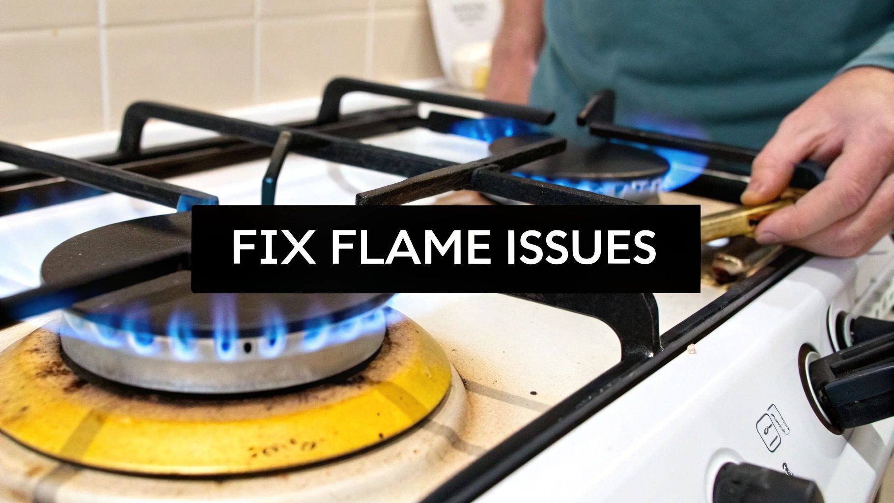 A person's hand near a gas stove with two burners showing clear blue flames and a text overlay 'FIX FLAME ISSUES'.