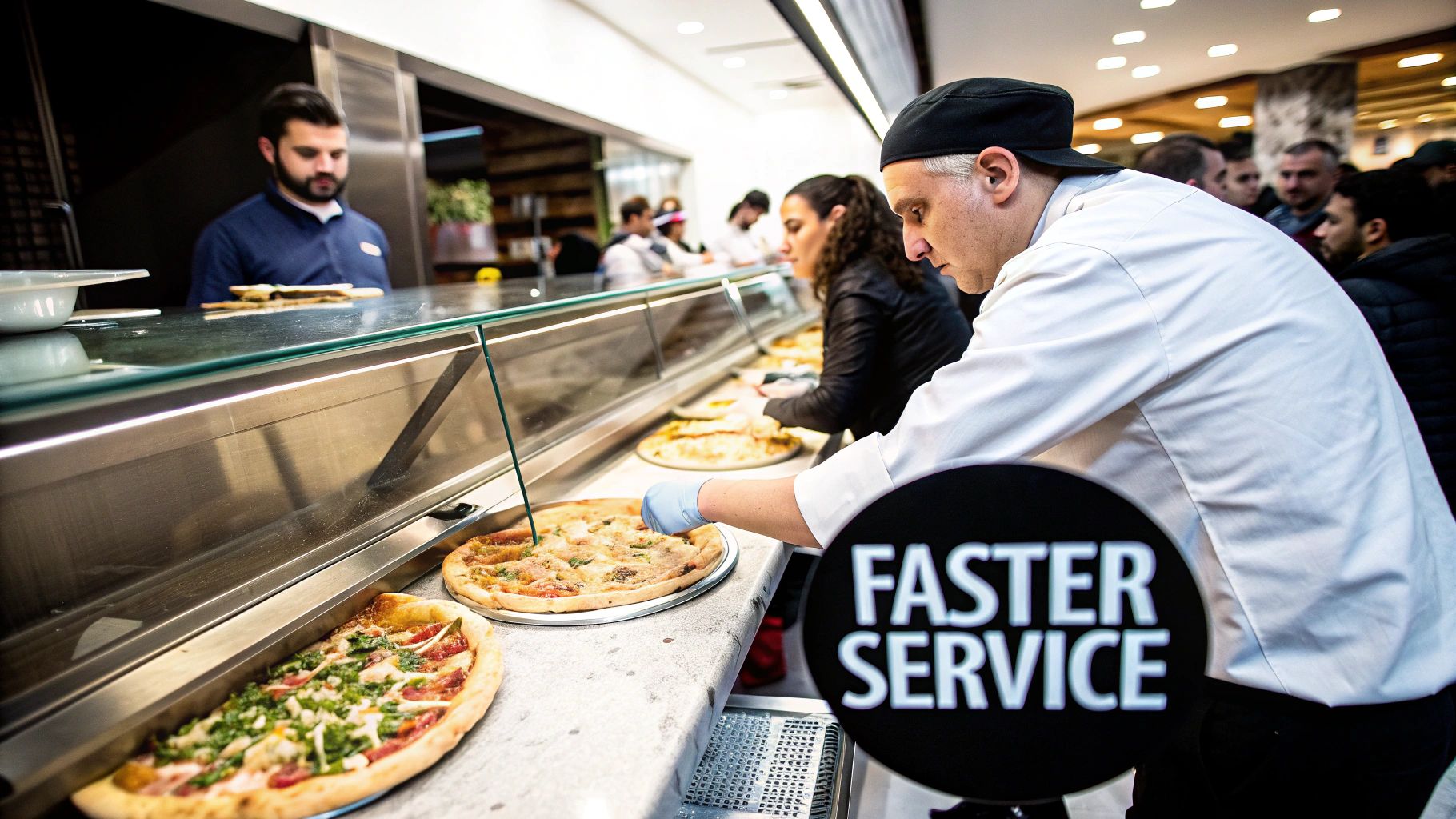 A chef placing a pizza into a commercial convection oven in a professional kitchen