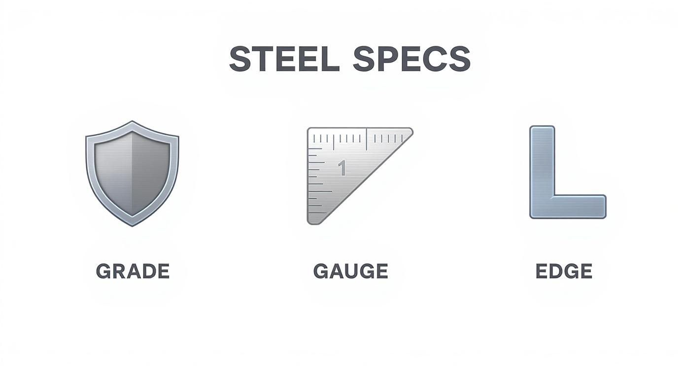 Three icons representing steel specifications: grade (shield), gauge (ruler), and edge (L-shape).