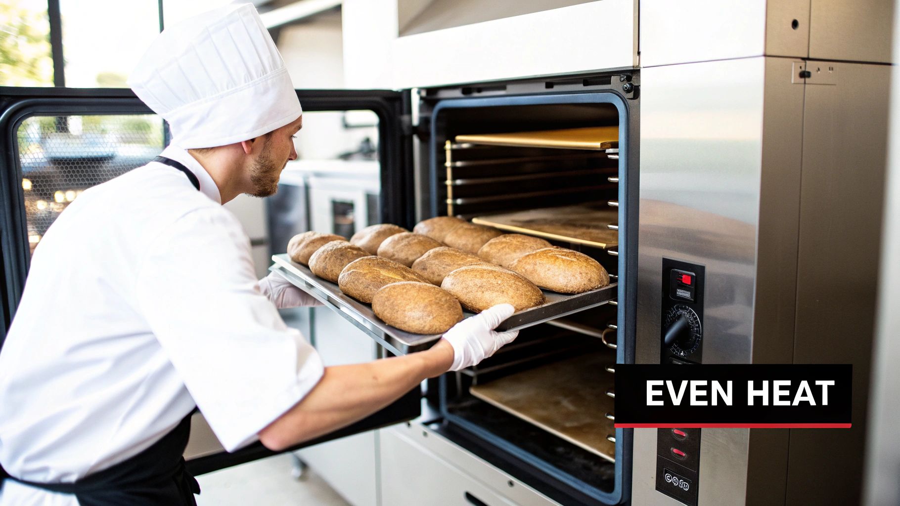 A baker places a tray of delicious, evenly baked bread loaves into a large commercial oven.