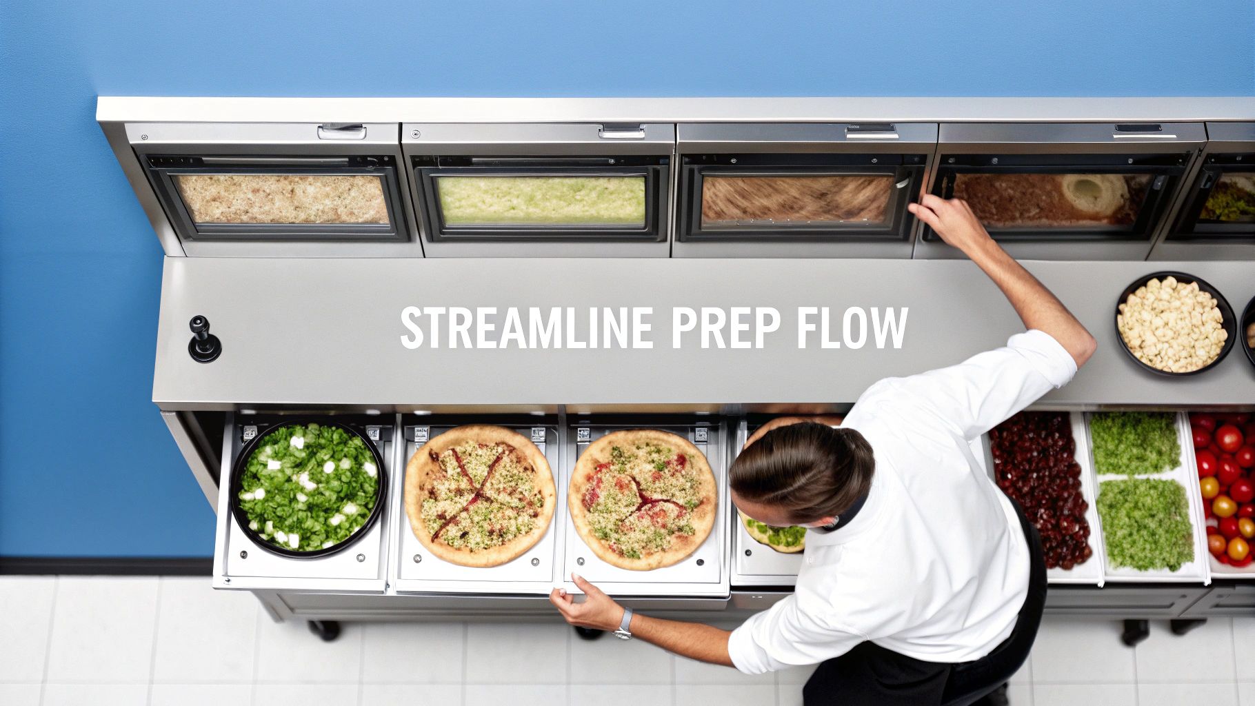 Chef preparing pizzas and ingredients at a modern commercial kitchen prep station, enhancing workflow.