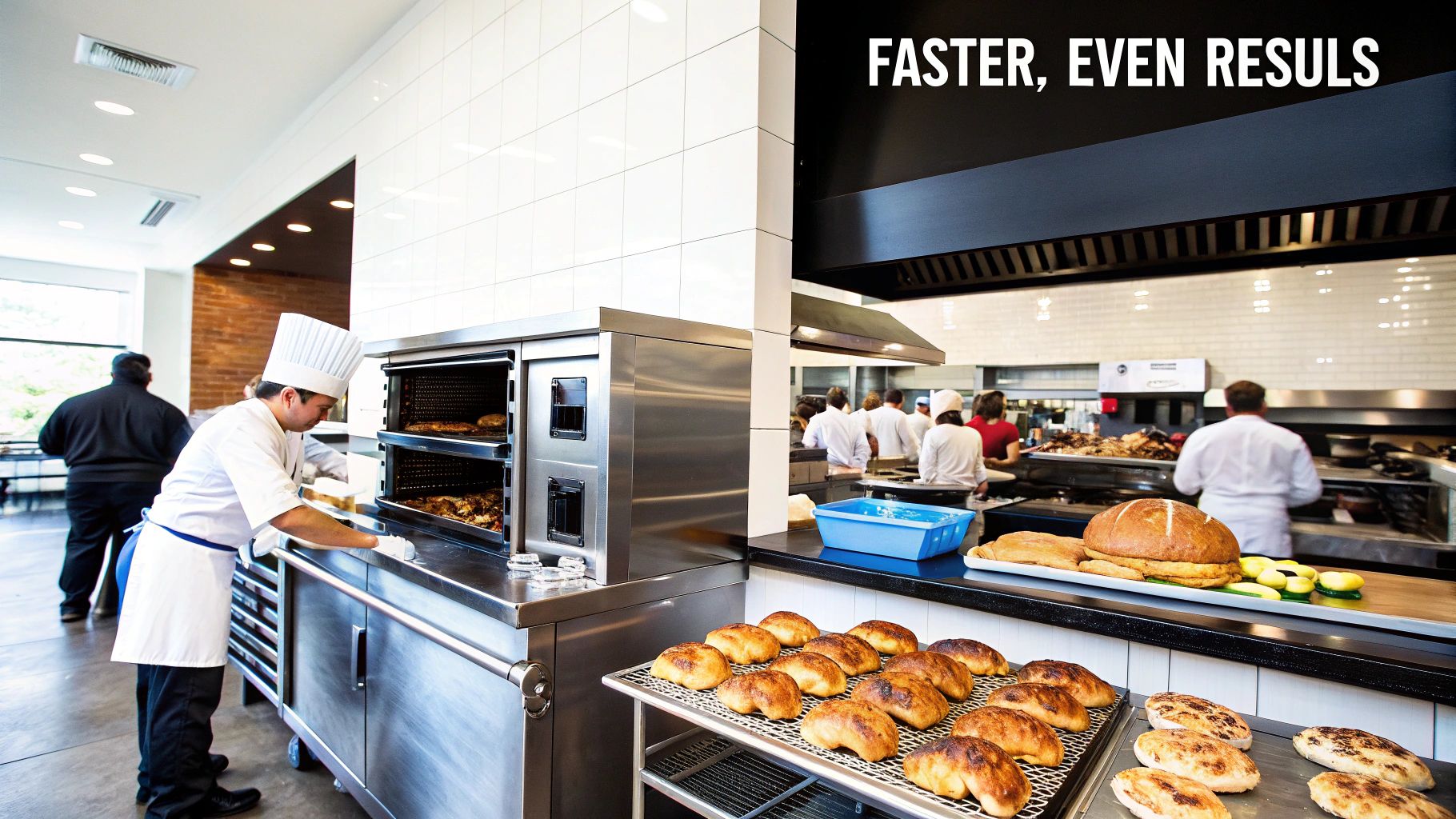 A chef removes fresh pastries from a commercial convection oven in a bustling professional kitchen.
