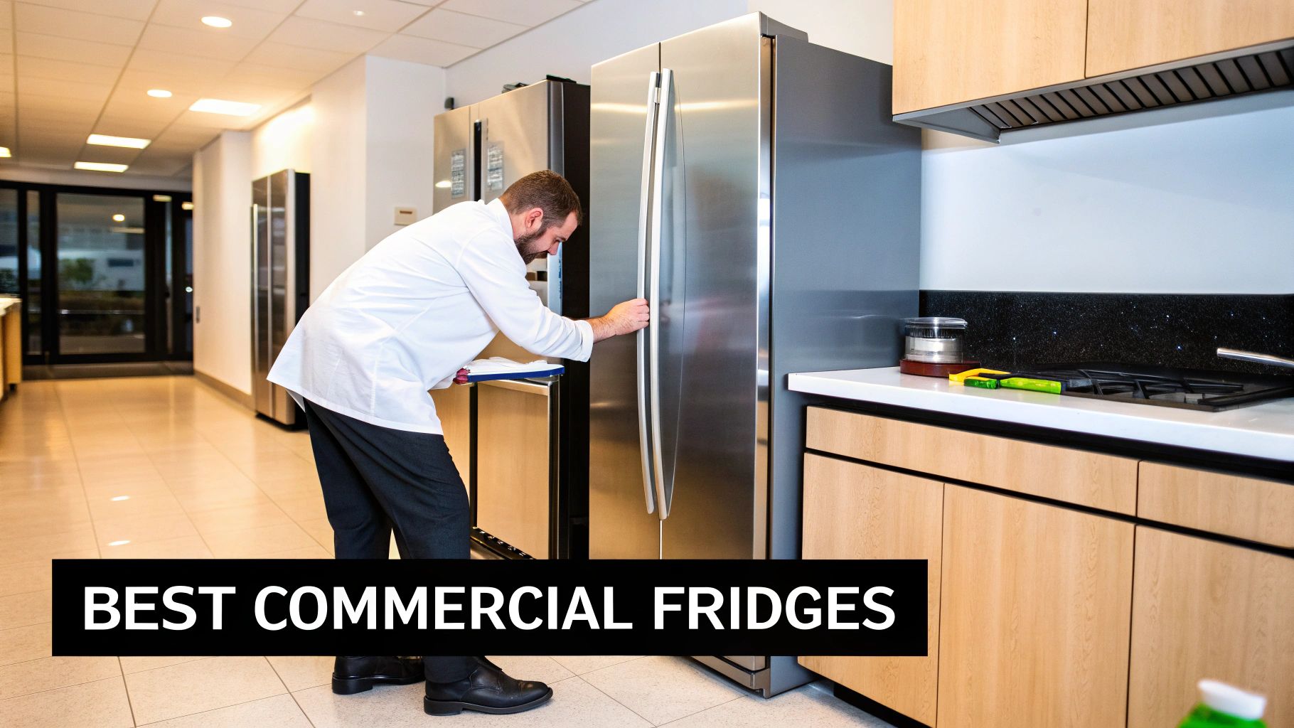 A man in a white shirt inspects a stainless steel commercial refrigerator in a showroom.