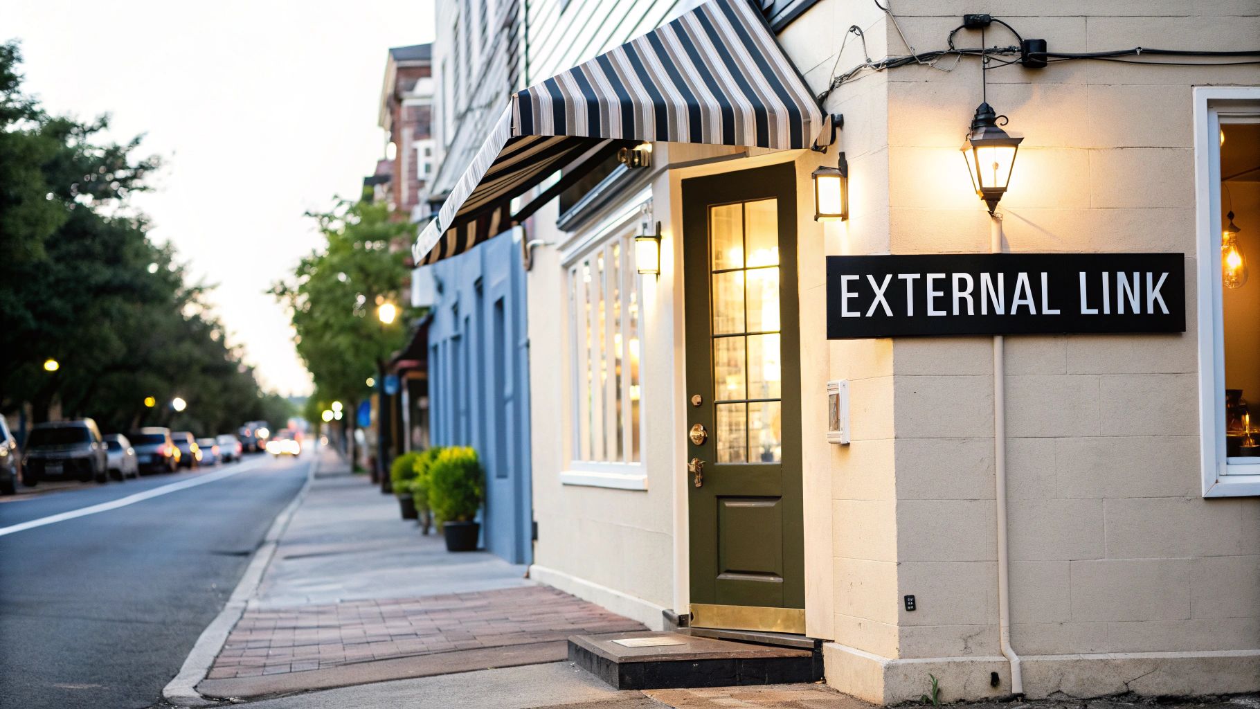 A storefront with a prominent black sign reading "EXTERNAL LINK" on a city street.