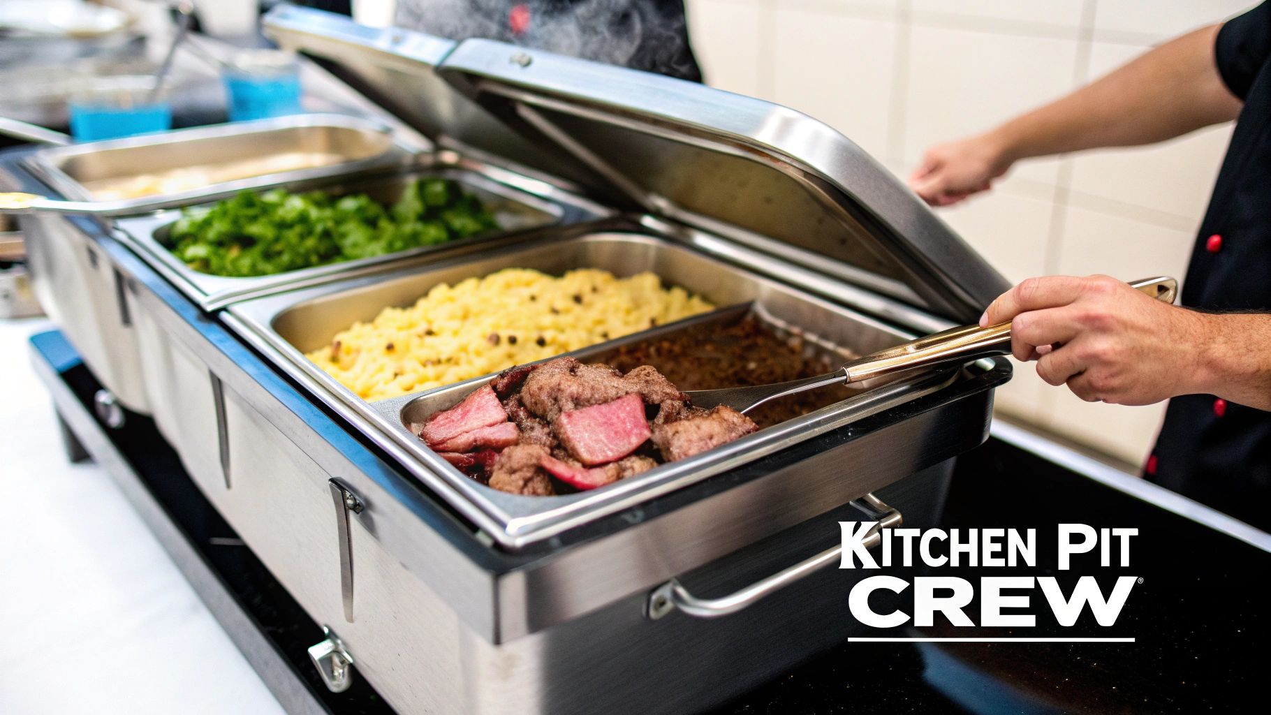 A chef serving cubed meat from a buffet-style steam table with various dishes like mashed potatoes and greens.