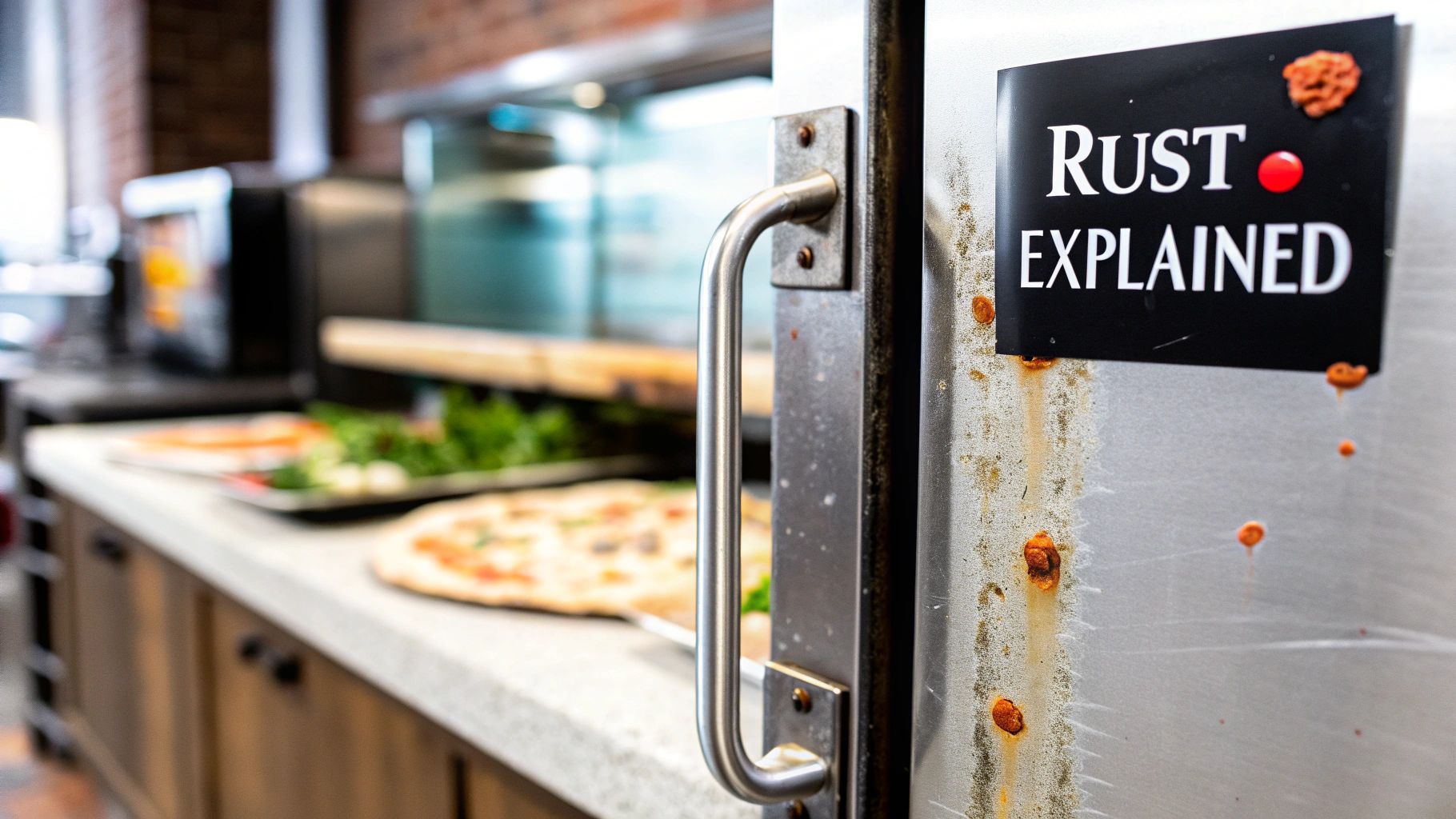 A close-up of rust spots on a stainless steel refrigerator door, highlighting the issue in a commercial kitchen setting.