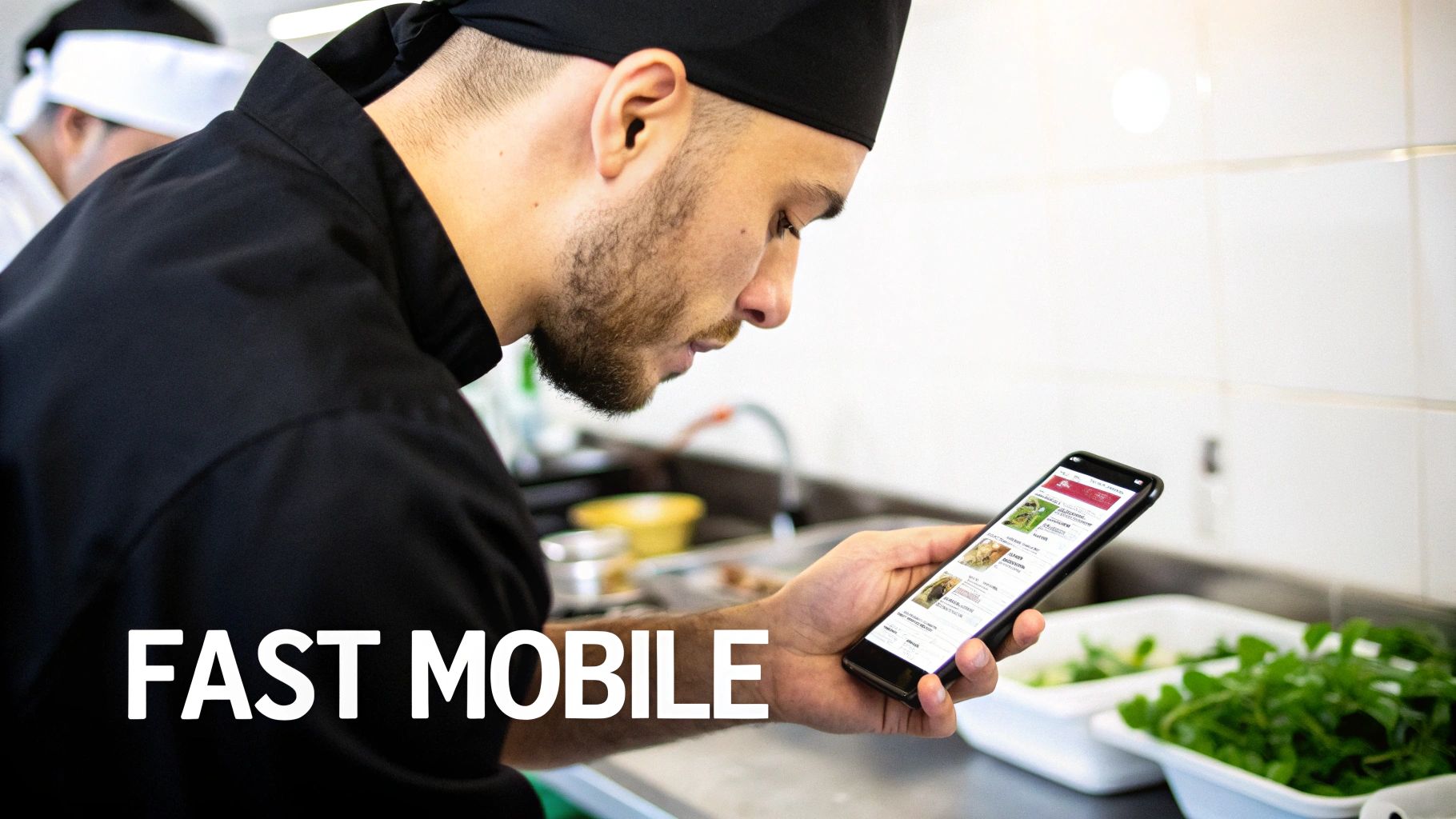 A chef in a professional kitchen uses a smartphone app, with 'FAST MOBILE' text overlay.