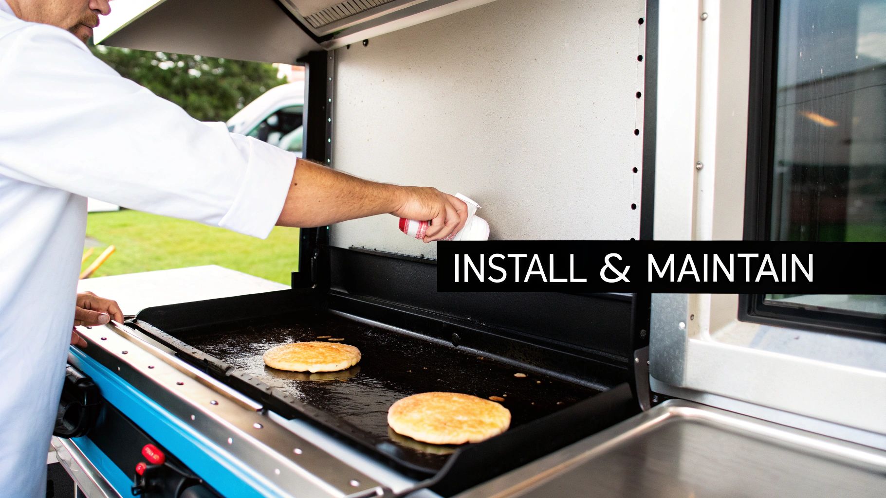 Chef installing and maintaining commercial griddle equipment in mobile food truck kitchen