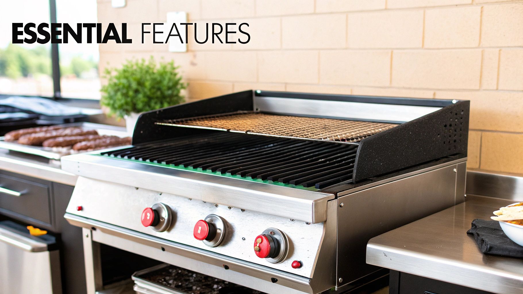 Stainless steel charbroiler grill with red control knobs on outdoor kitchen counter with essential features text