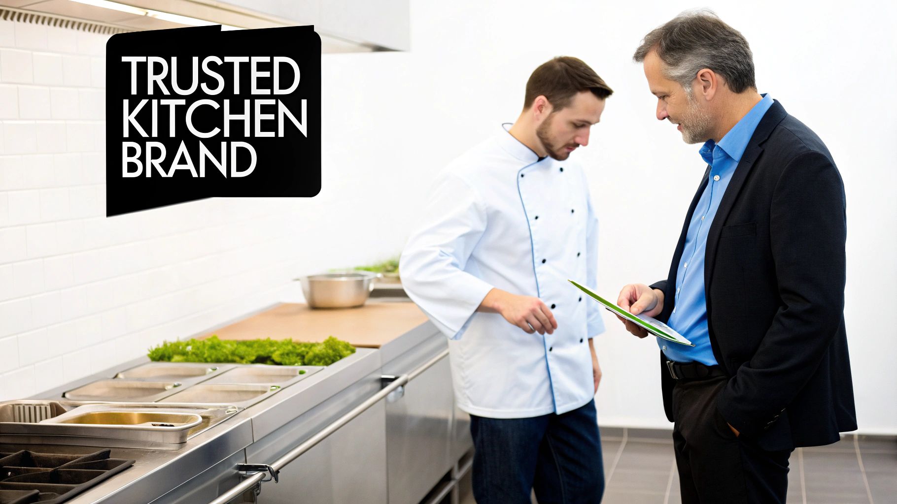 A chef and a businessman discuss documents in a modern commercial kitchen, featuring a 'Trusted Kitchen Brand' logo.