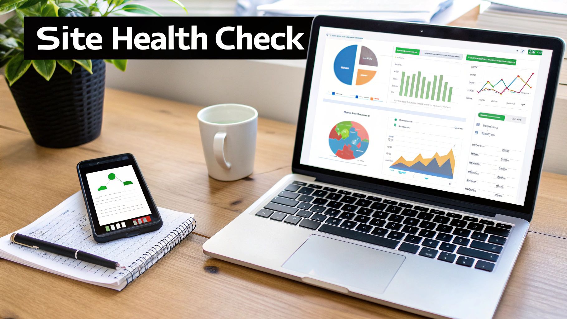 Desk setup with laptop and smartphone displaying site health check data, charts, and graphs.