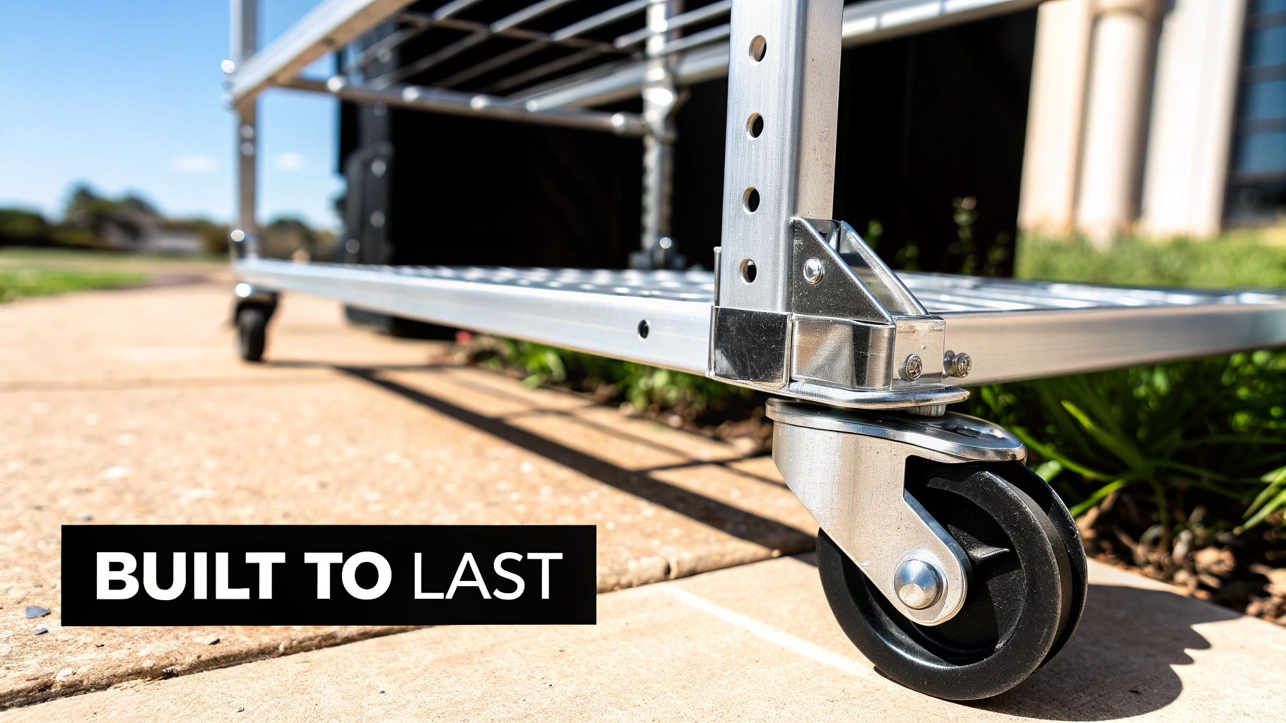 Close-up of a durable silver metal utility rack with black wheels on an outdoor paved path, 'Built to Last'.