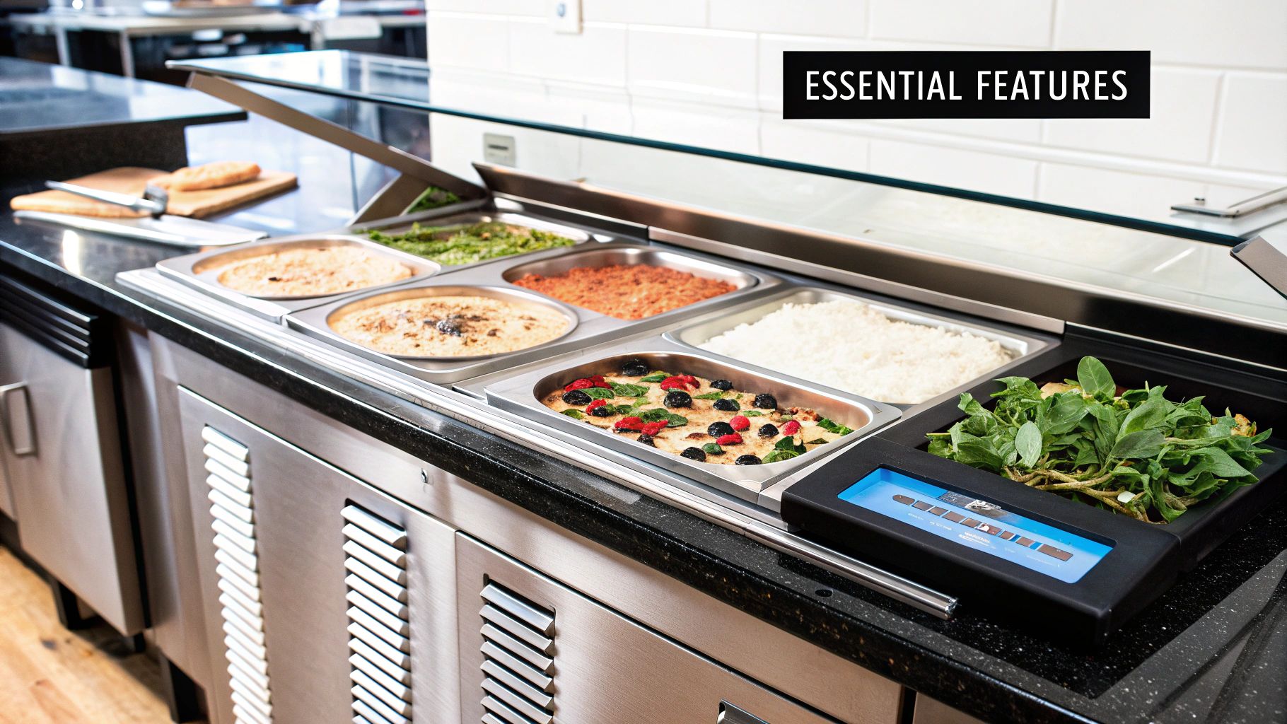 Stainless steel pizza prep table with an assortment of fresh toppings.