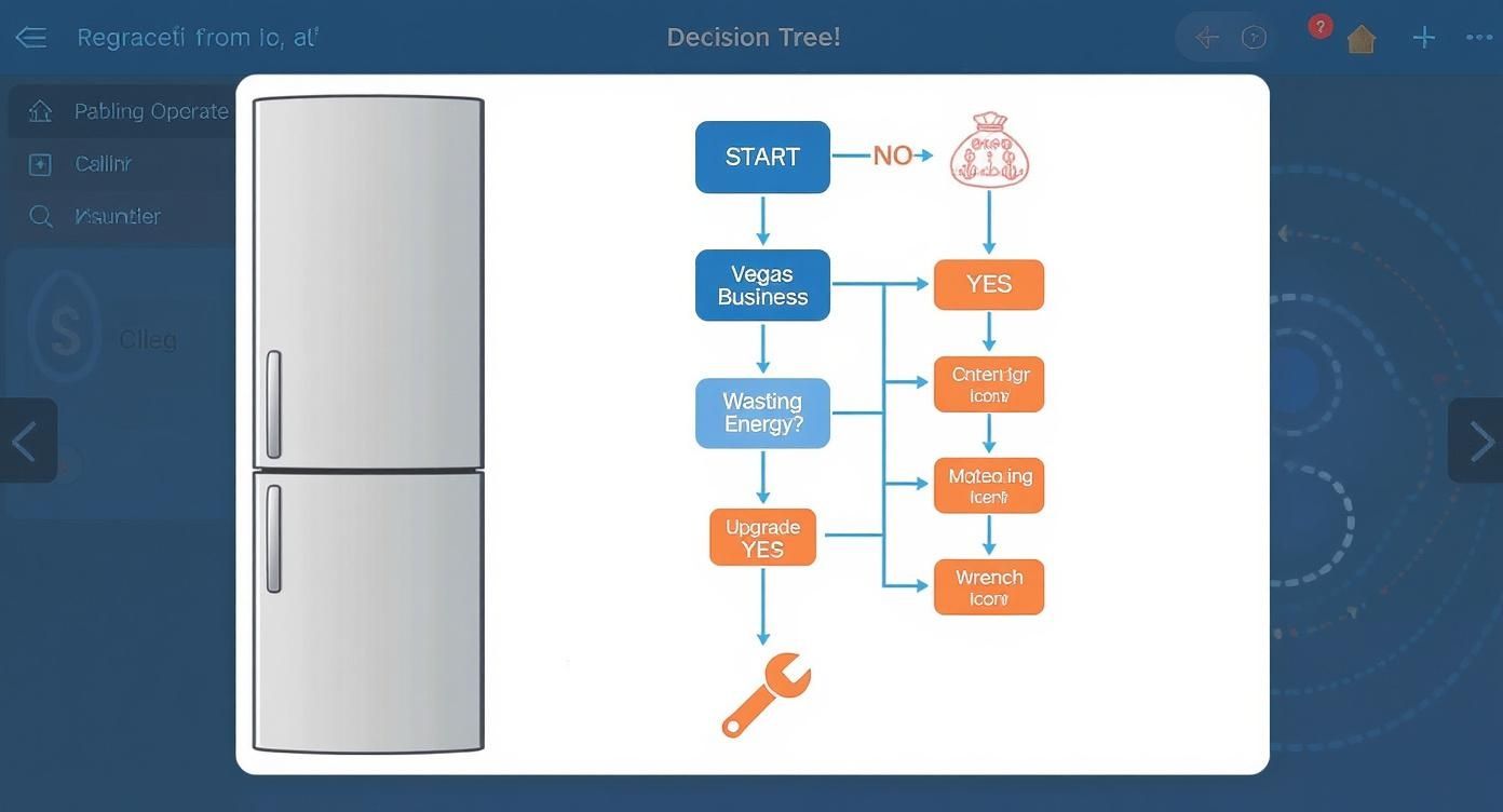 Decision tree flowchart for a business evaluating energy efficiency and potential upgrades, with a refrigerator icon.