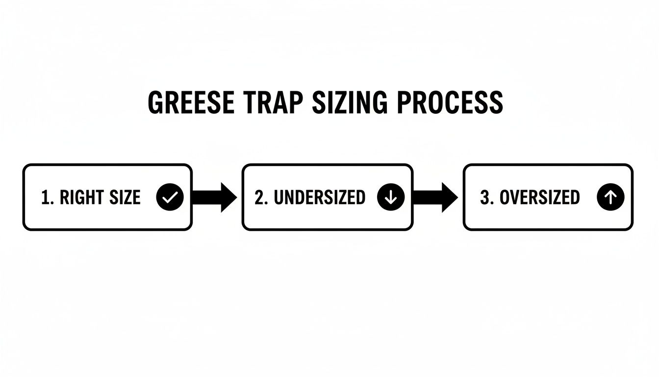 Flowchart illustrating the grease trap sizing process, showing right size, undersized, and oversized options.