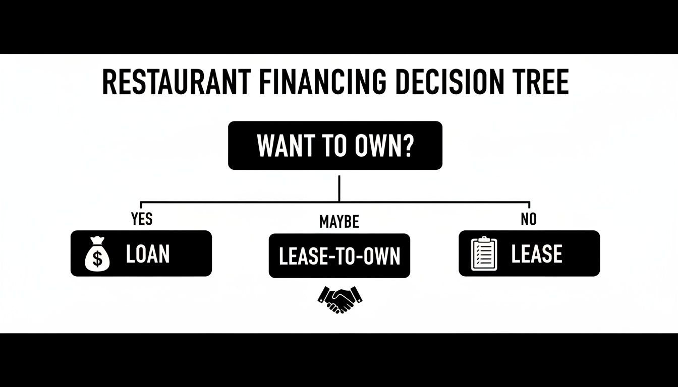 A restaurant financing decision tree flowchart illustrating options: loan, lease-to-own, and lease based on ownership desire.