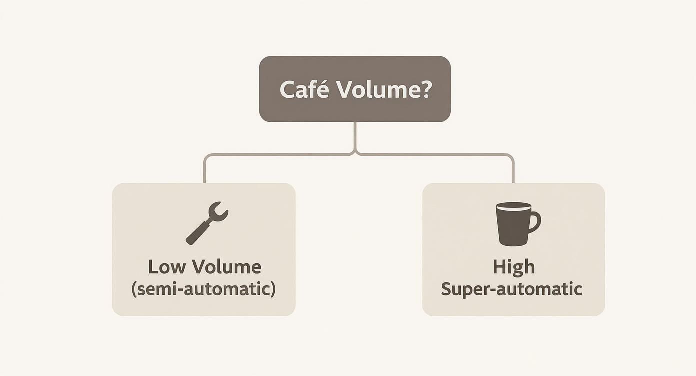 Infographic decision tree showing how cafe volume influences the choice between a semi-automatic and a super-automatic coffee machine.