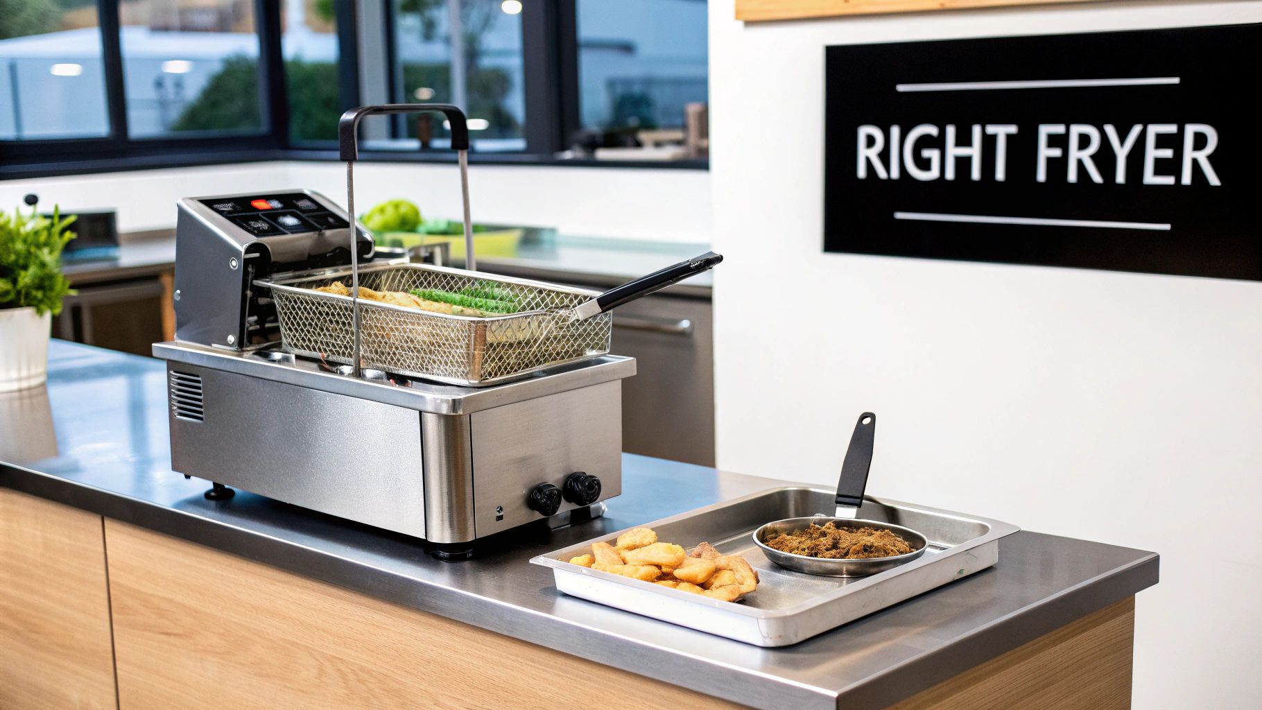 A stainless steel commercial countertop deep fryer with food in a basket and a tray of fried items.