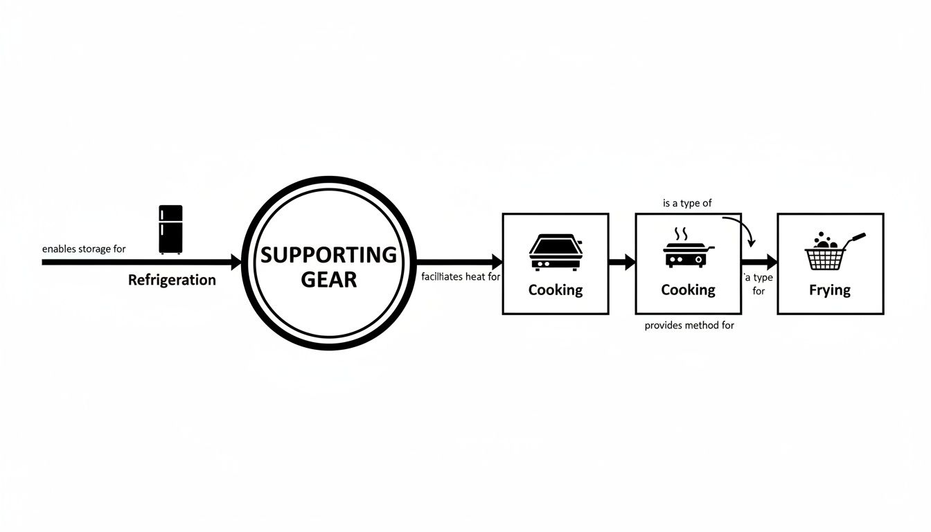 Flowchart detailing food preparation, including refrigeration, supporting gear, cooking, and frying processes with icons.