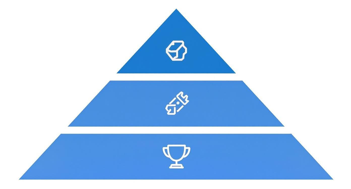 Three-tiered pyramid diagram showing site architecture hierarchy with icons for structure, links, and achievement