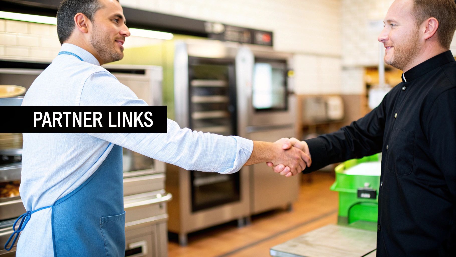 Two smiling chefs shake hands in a professional kitchen, featuring a 'PARTNER LINKS' banner.