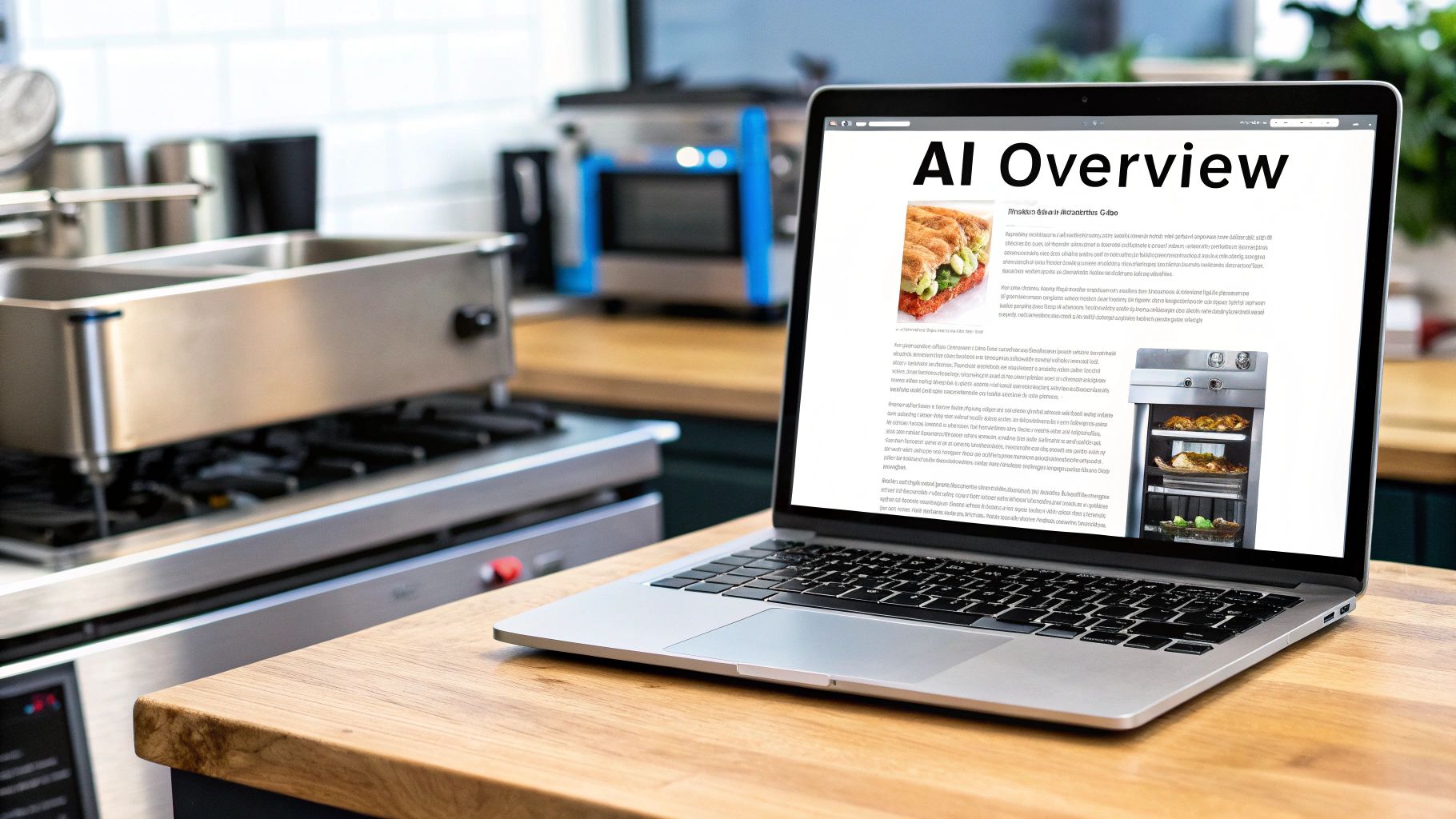 A laptop on a wooden counter in a commercial kitchen displays an "AI Overview" page.
