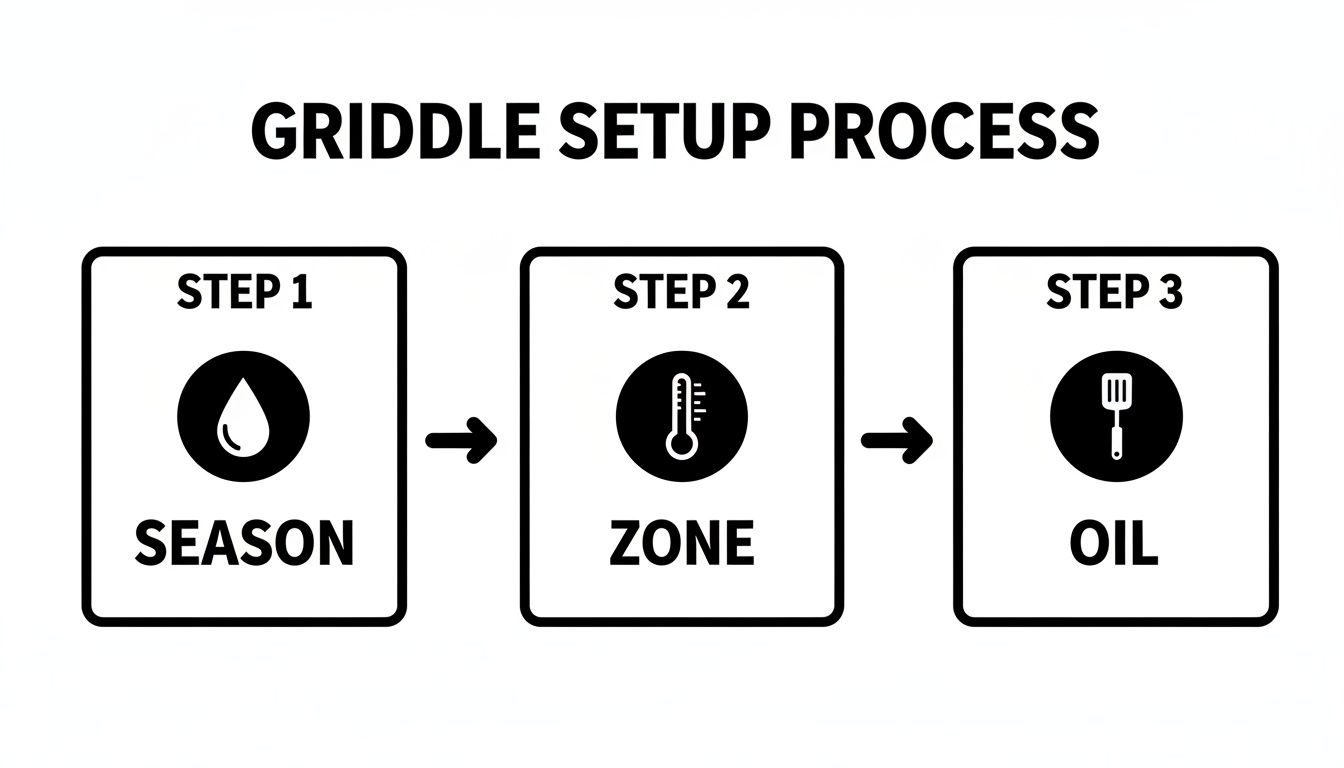 A three-step visual guide for griddle setup process: season, zone, and oil, with icons.