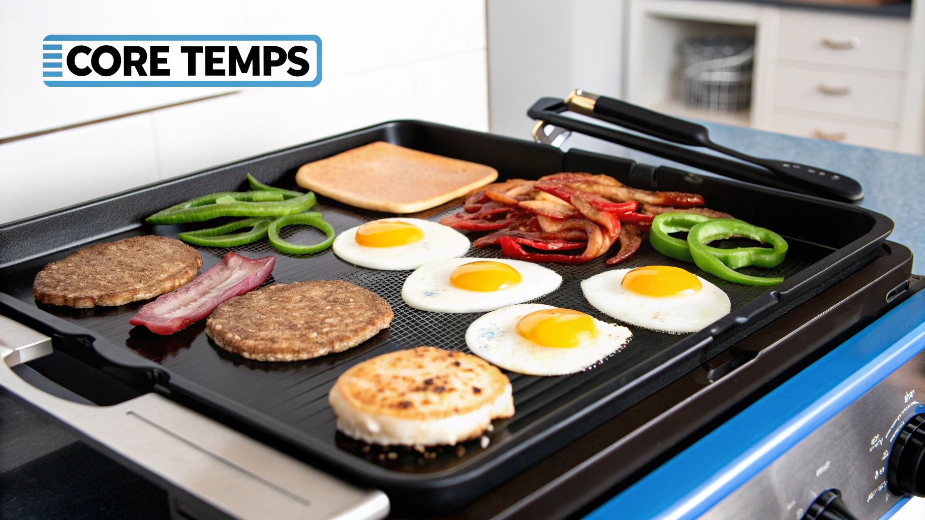 Various breakfast items including fried eggs, sausage, bacon, and peppers cooking on an electric griddle.