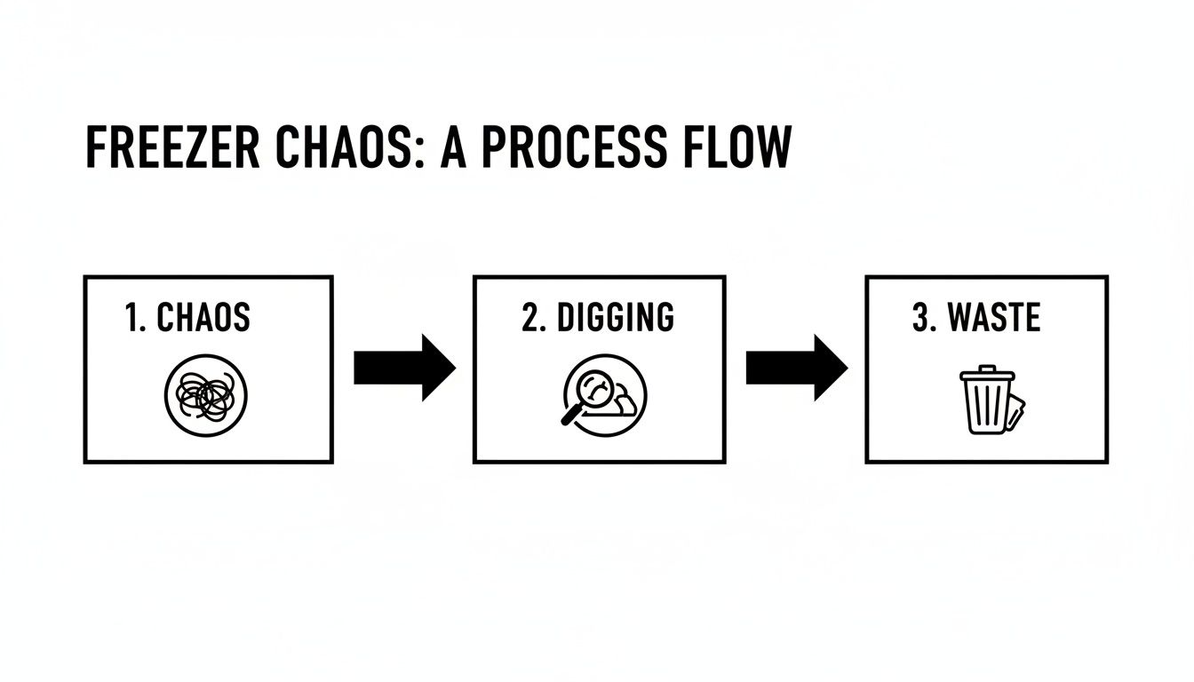 A process flow diagram illustrates freezer chaos, from initial disorganization to digging for items, culminating in food waste.