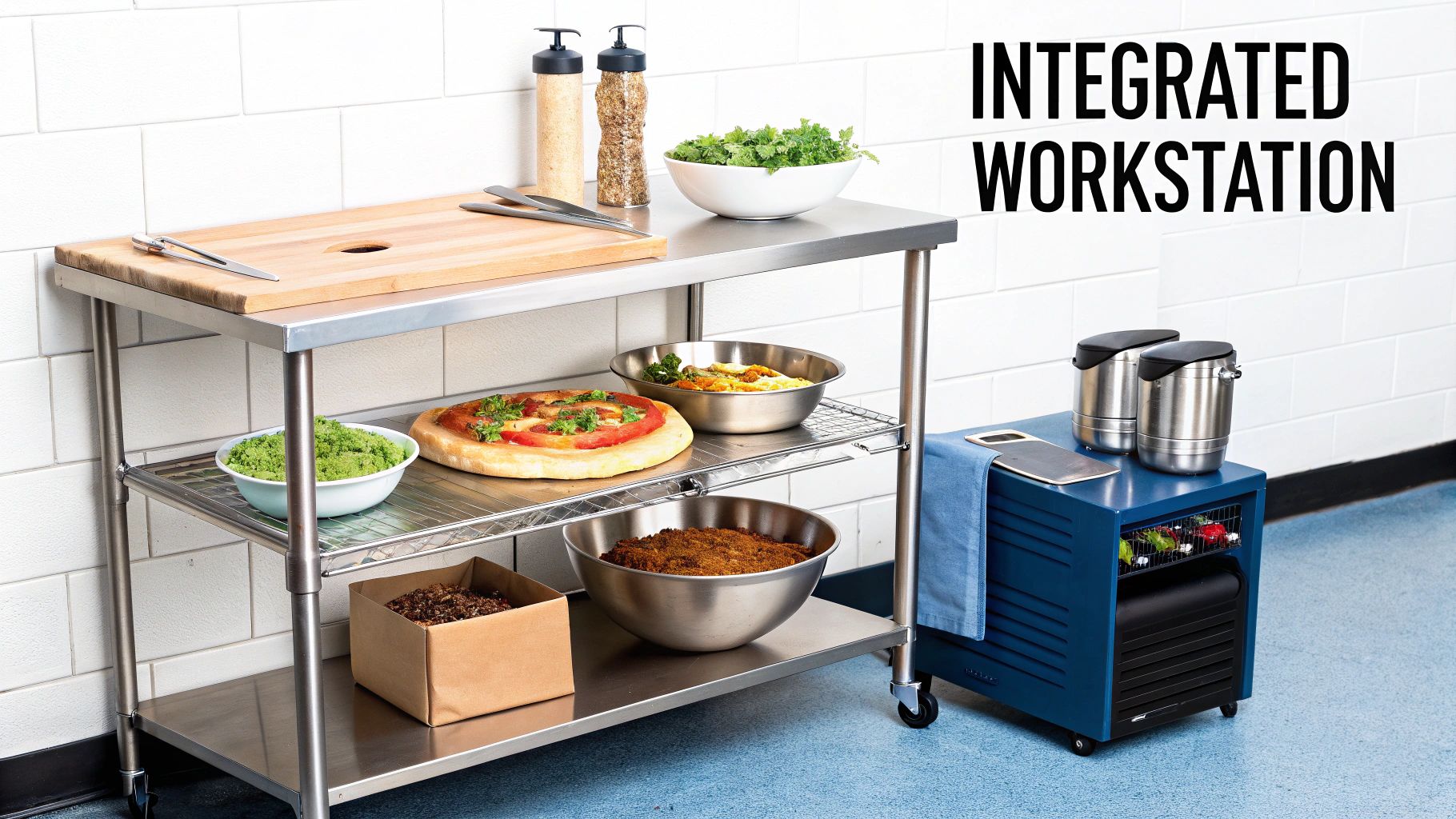 Integrated kitchen workstation with stainless steel shelves, various food items, and a blue rolling cart.
