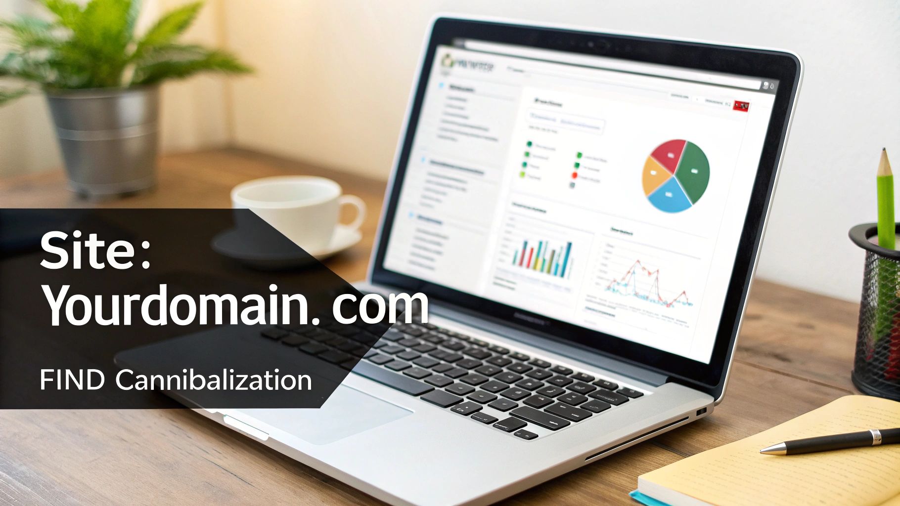 Laptop displaying a data analytics dashboard, coffee, and text 'FIND Cannibalization' on a wooden desk.