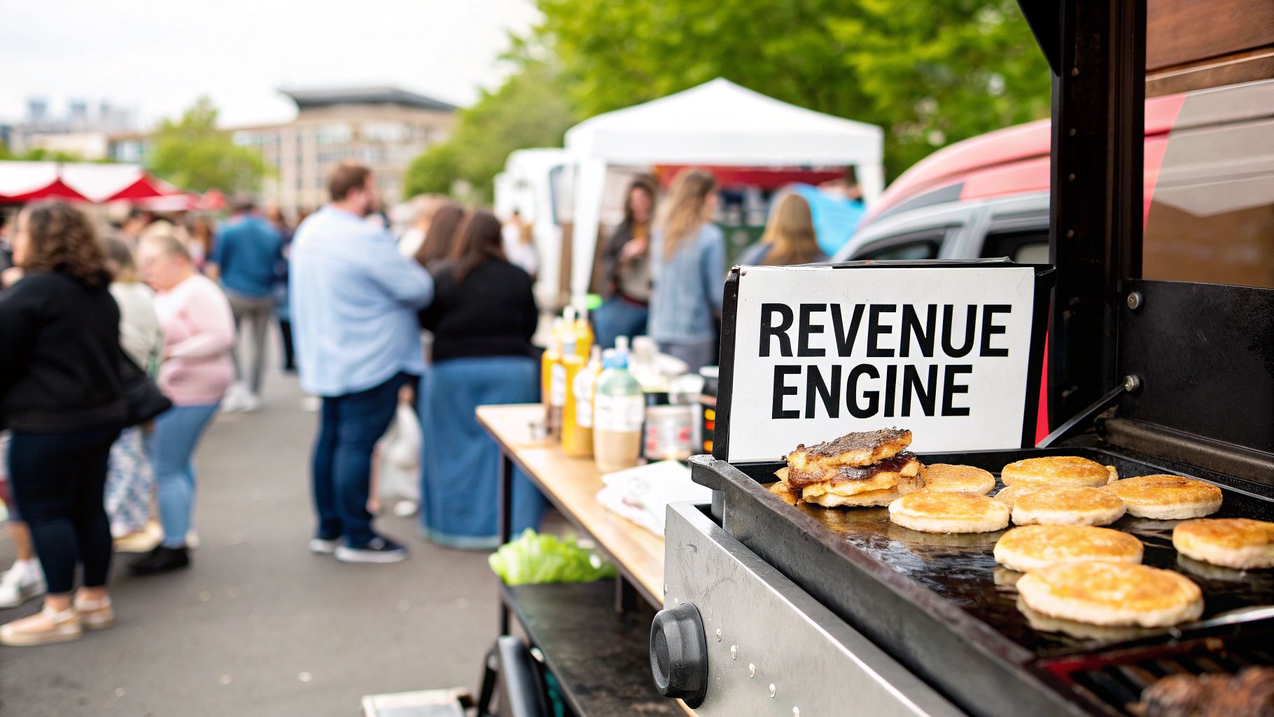 A food truck griddle cooking pancakes with a 'REVENUE ENGINE' sign at a busy street market.
