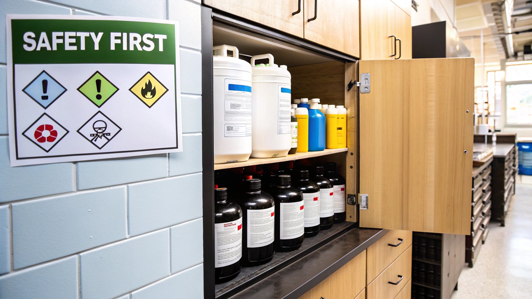 A chef using a wall-mounted magnetic strip to hold knives in a commercial kitchen.